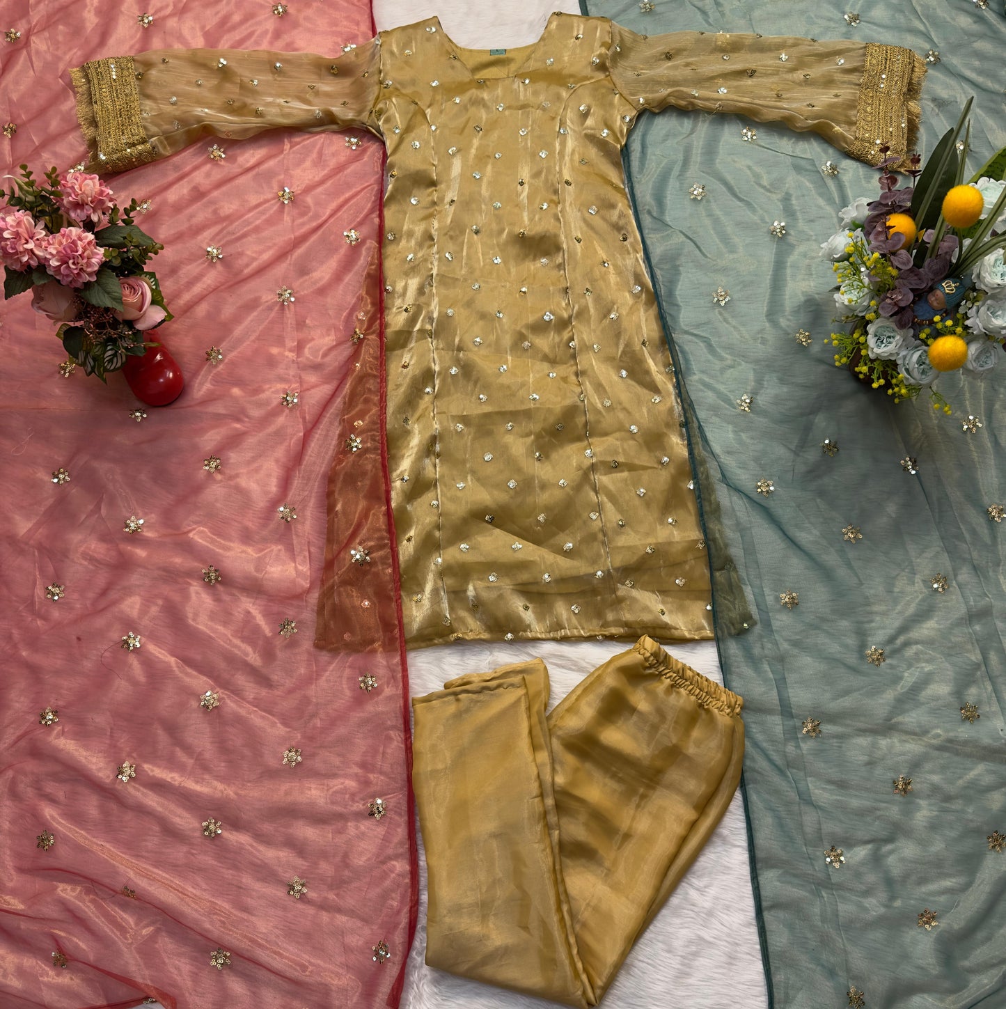 Chiku Color Beautiful Dress in Jimmy Choo Fabric with double dupatta