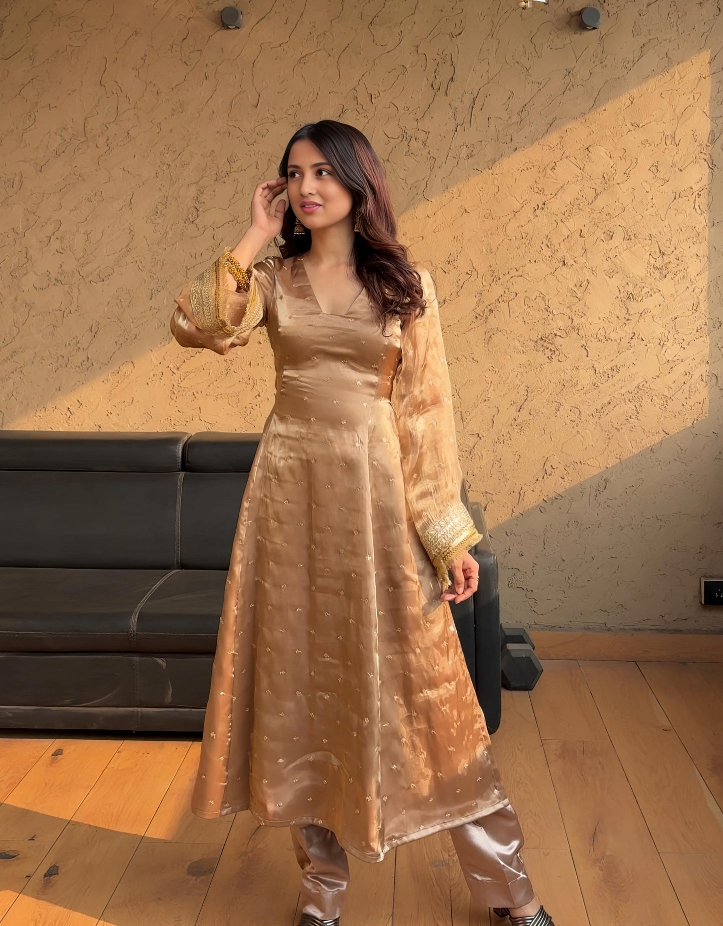 Chiku Color Beautiful Dress in Jimmy Choo Fabric with double dupatta