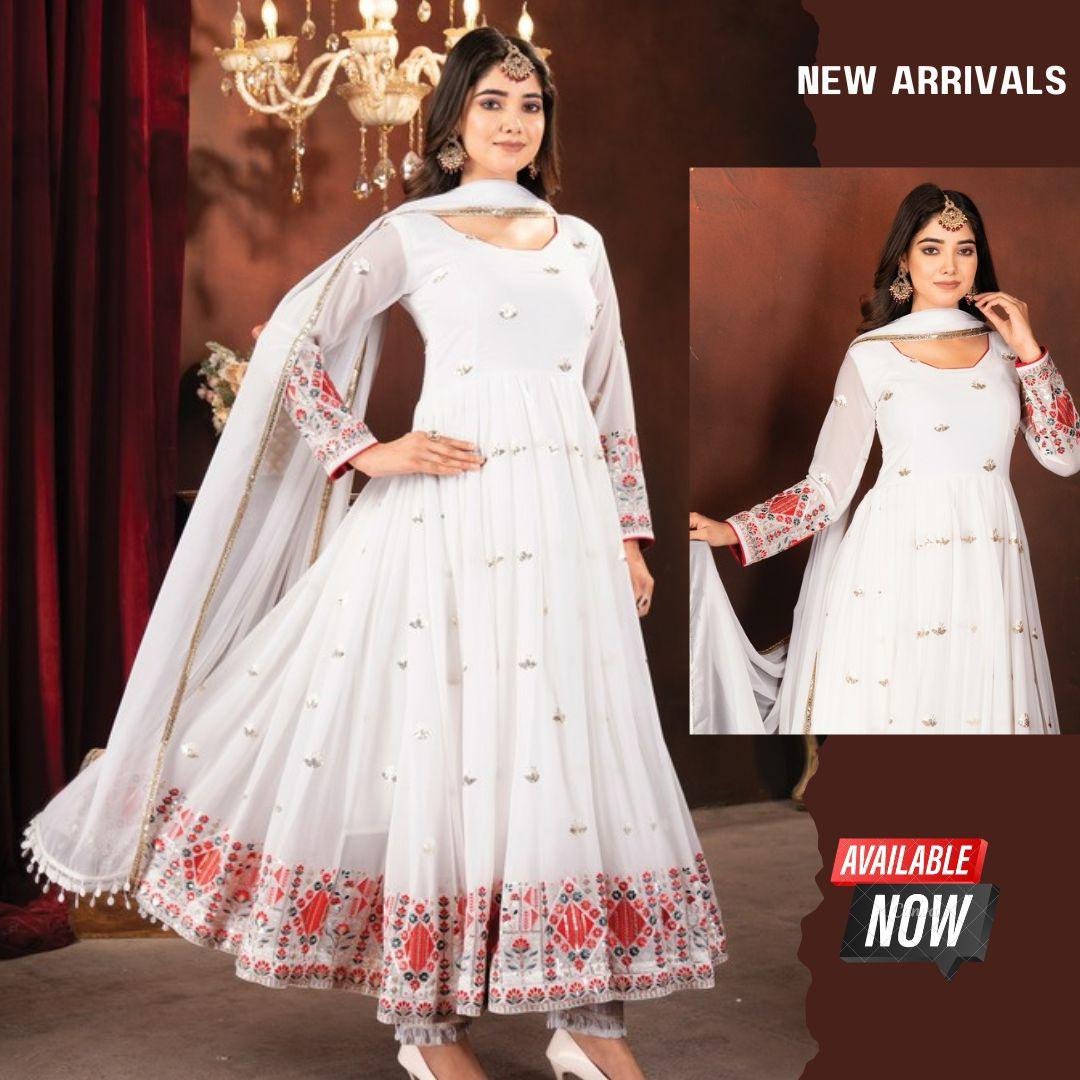 White Color Beautiful Anarkali Partywear Dress For Wedding Season