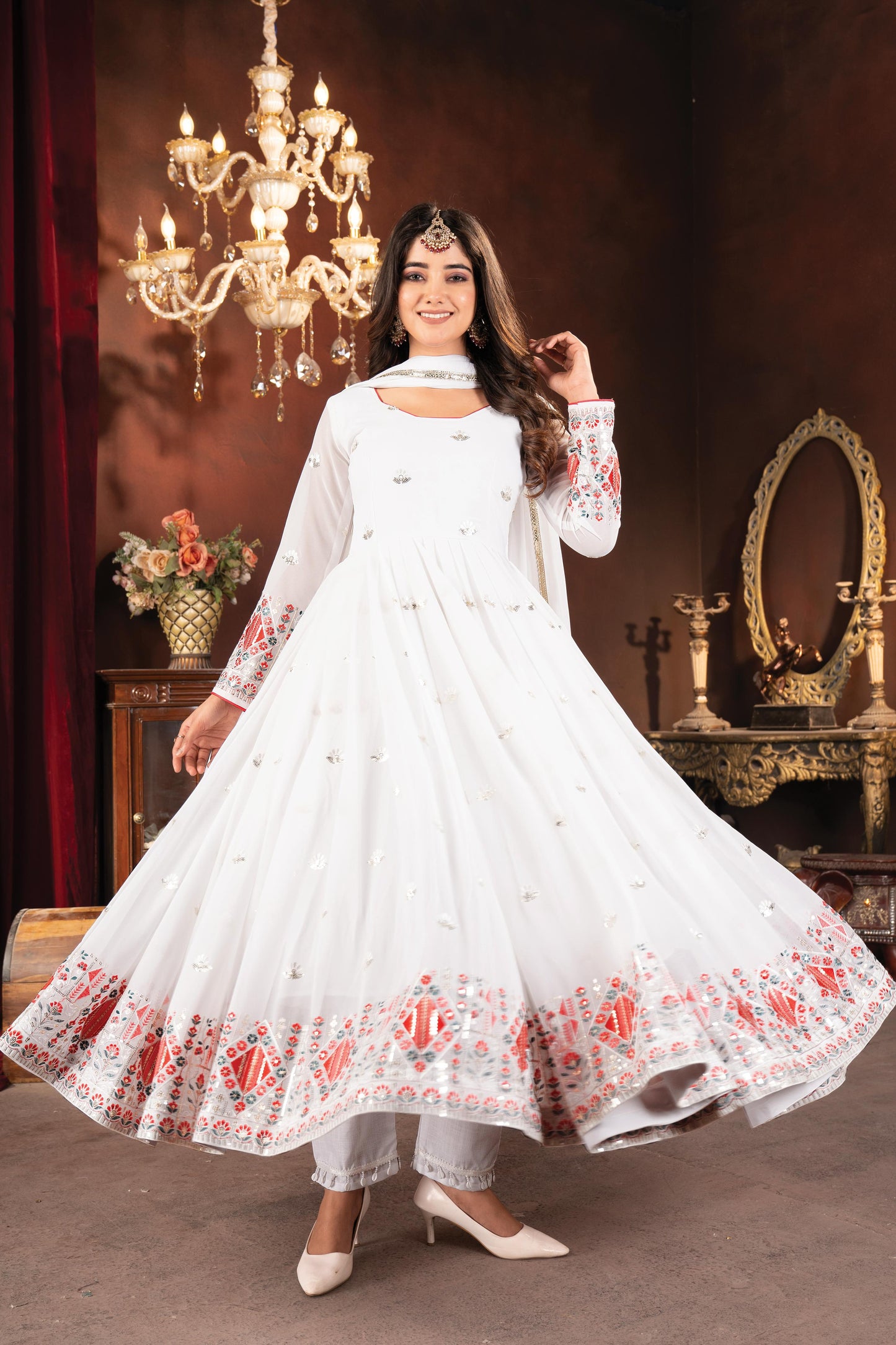 White Color Beautiful Anarkali Partywear Dress For Wedding Season