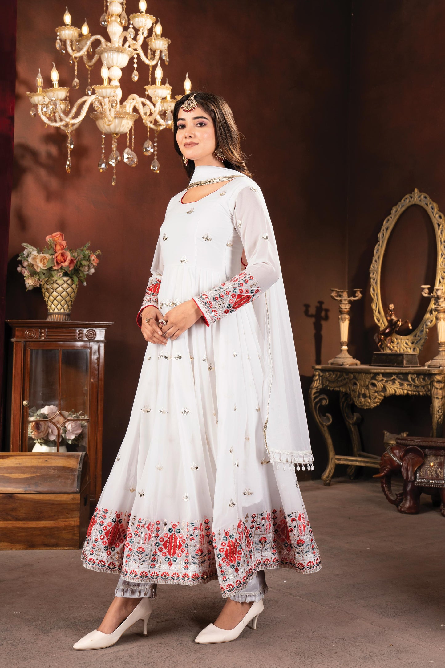 White Color Beautiful Anarkali Partywear Dress For Wedding Season