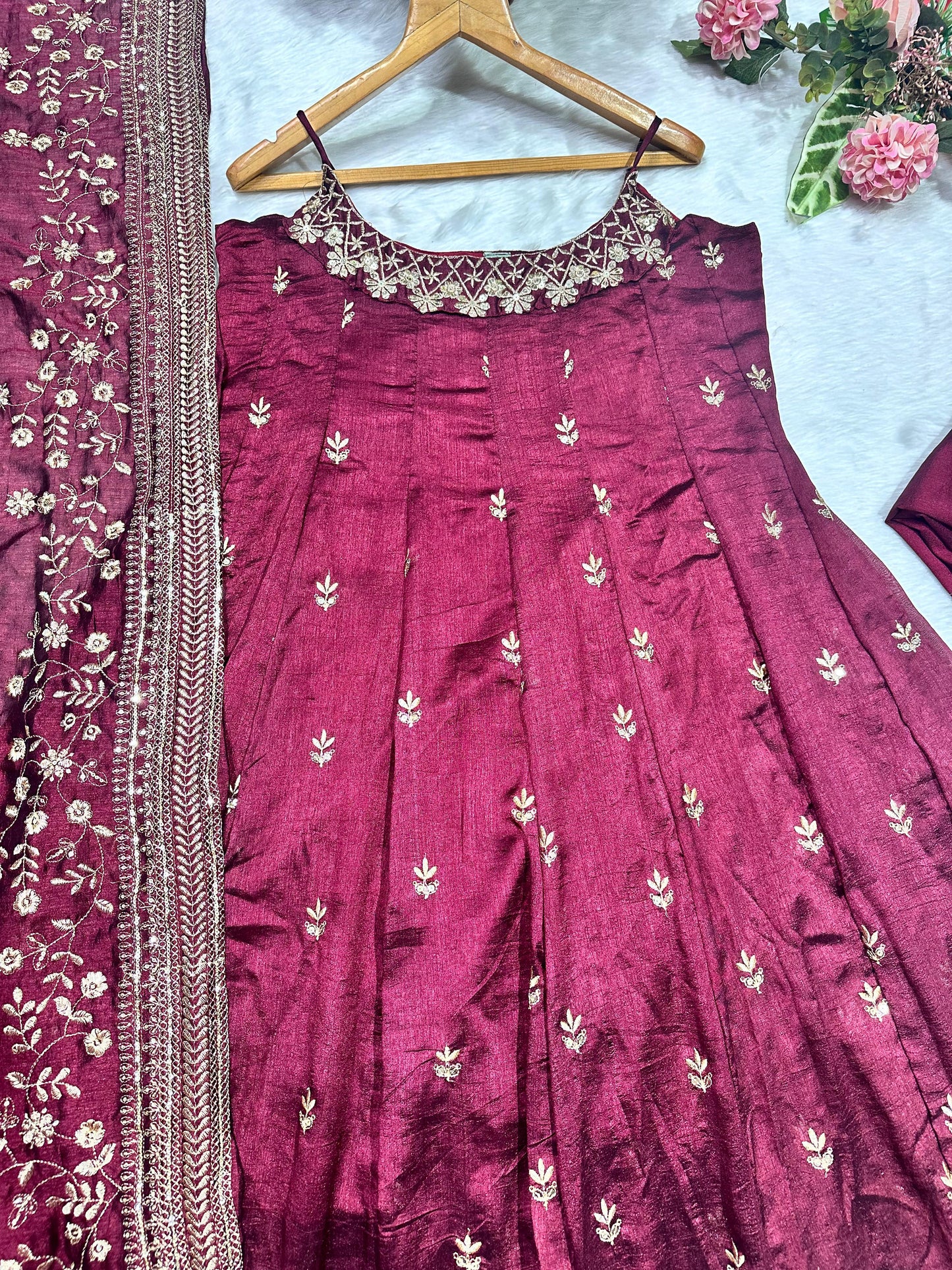 Pure Vichitra Silk Premium Quality Maroon Anarkali Suit Set