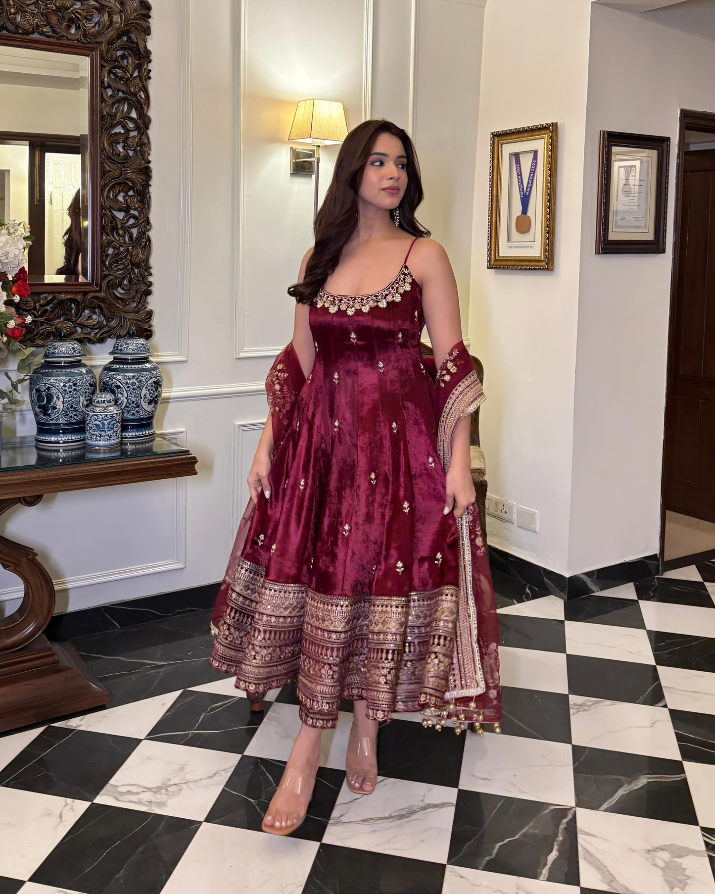 Pure Vichitra Silk Premium Quality Maroon Anarkali Suit Set
