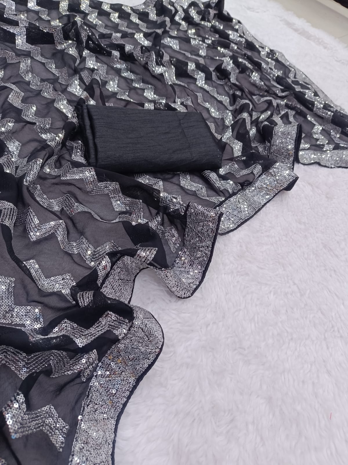 Black Color Sequin Saree in Georgette Fabric
