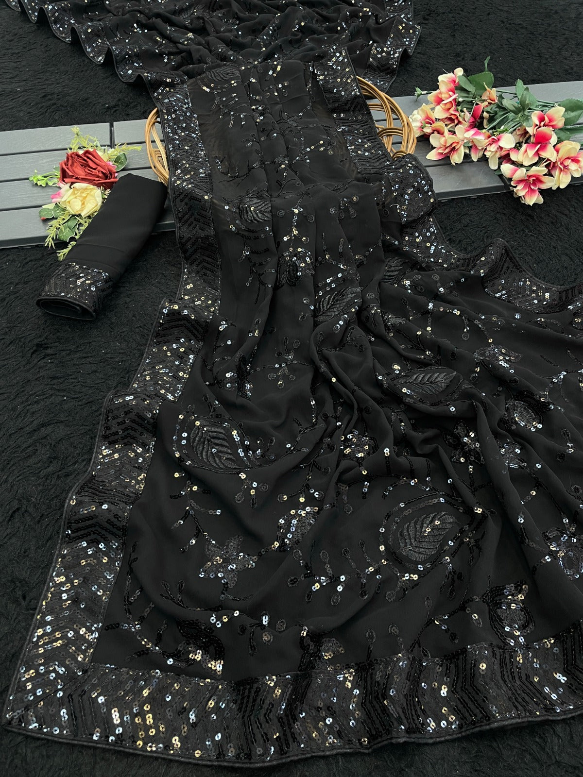 Beautiful Sequance Saree in Black Color In Georgette fAbric
