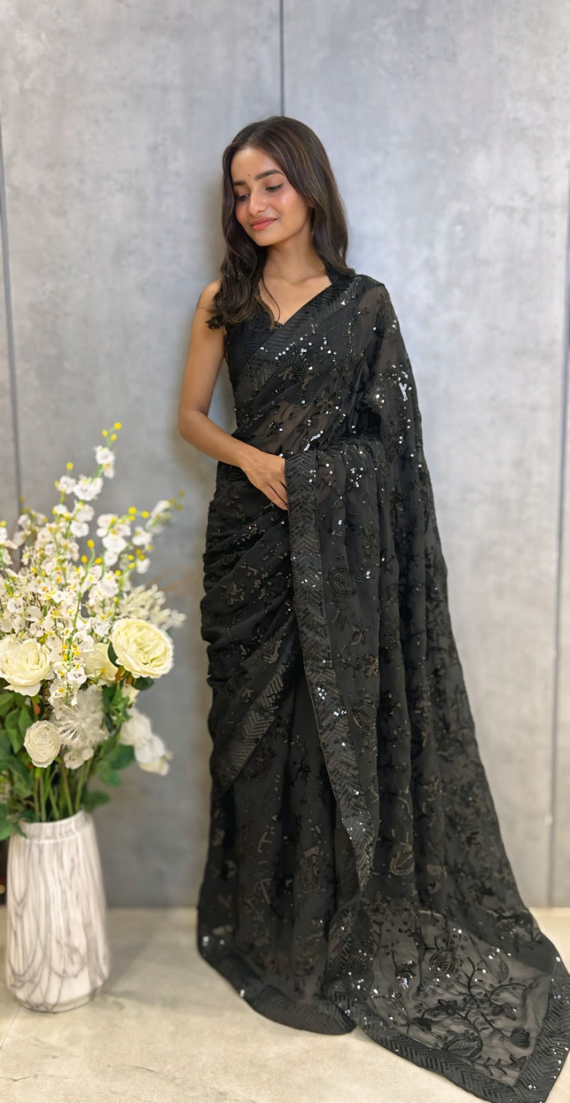Beautiful Sequance Saree in Black Color In Georgette fAbric