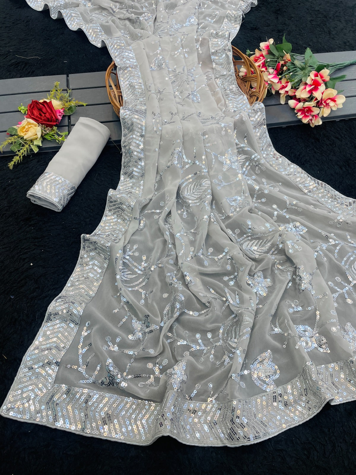 Beautiful Sequance Saree in Grey Color In Georgette fAbric