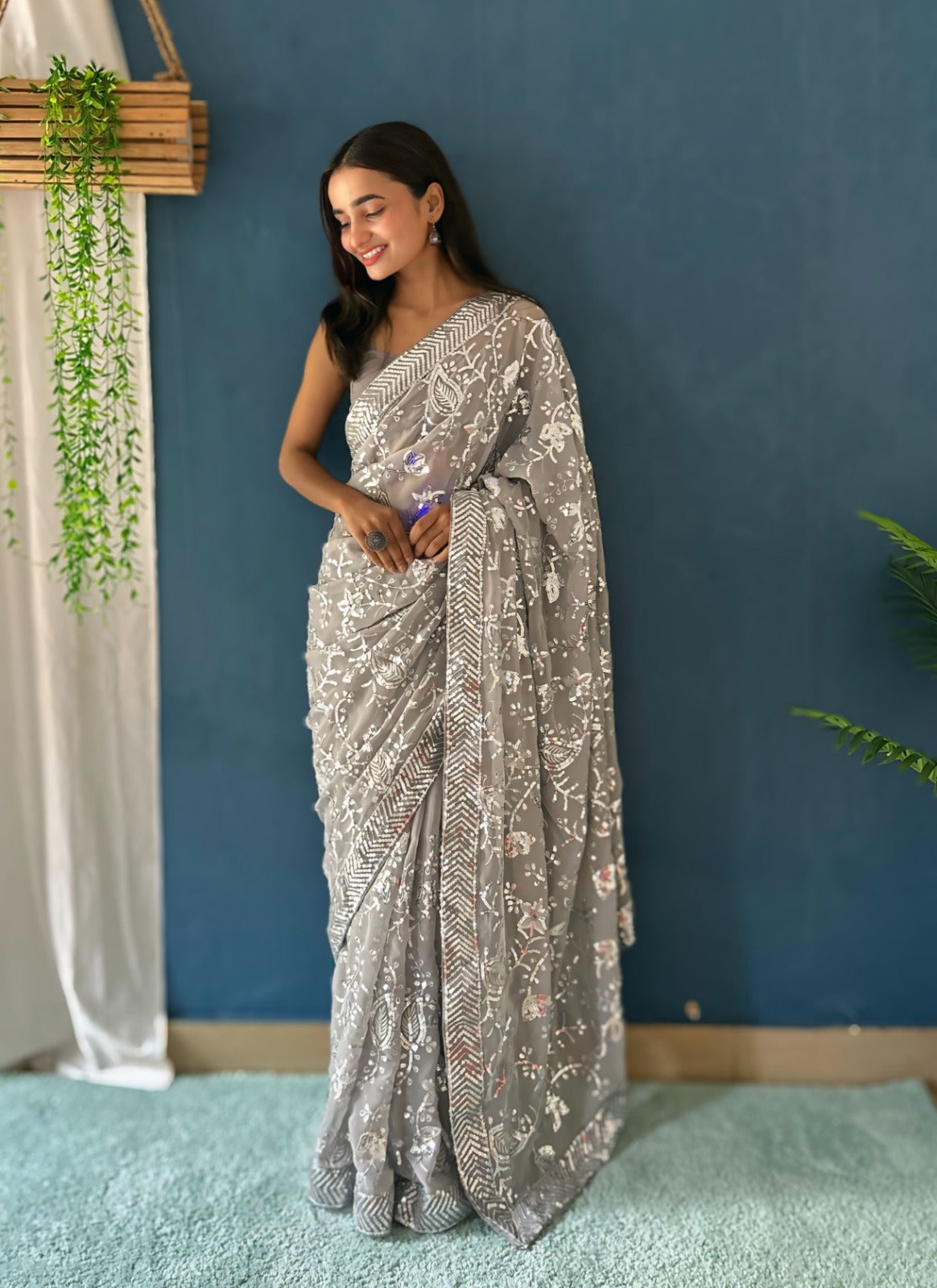 Beautiful Sequance Saree in Grey Color In Georgette fAbric