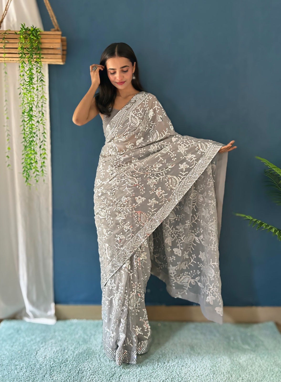 Beautiful Sequance Saree in Grey Color In Georgette fAbric