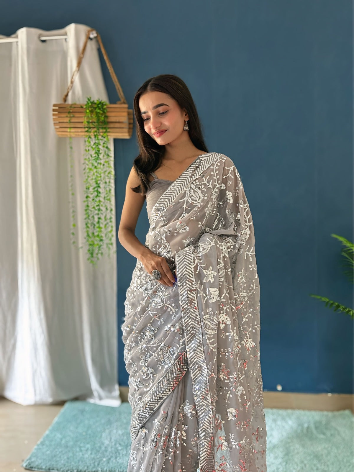 Beautiful Sequance Saree in Grey Color In Georgette fAbric