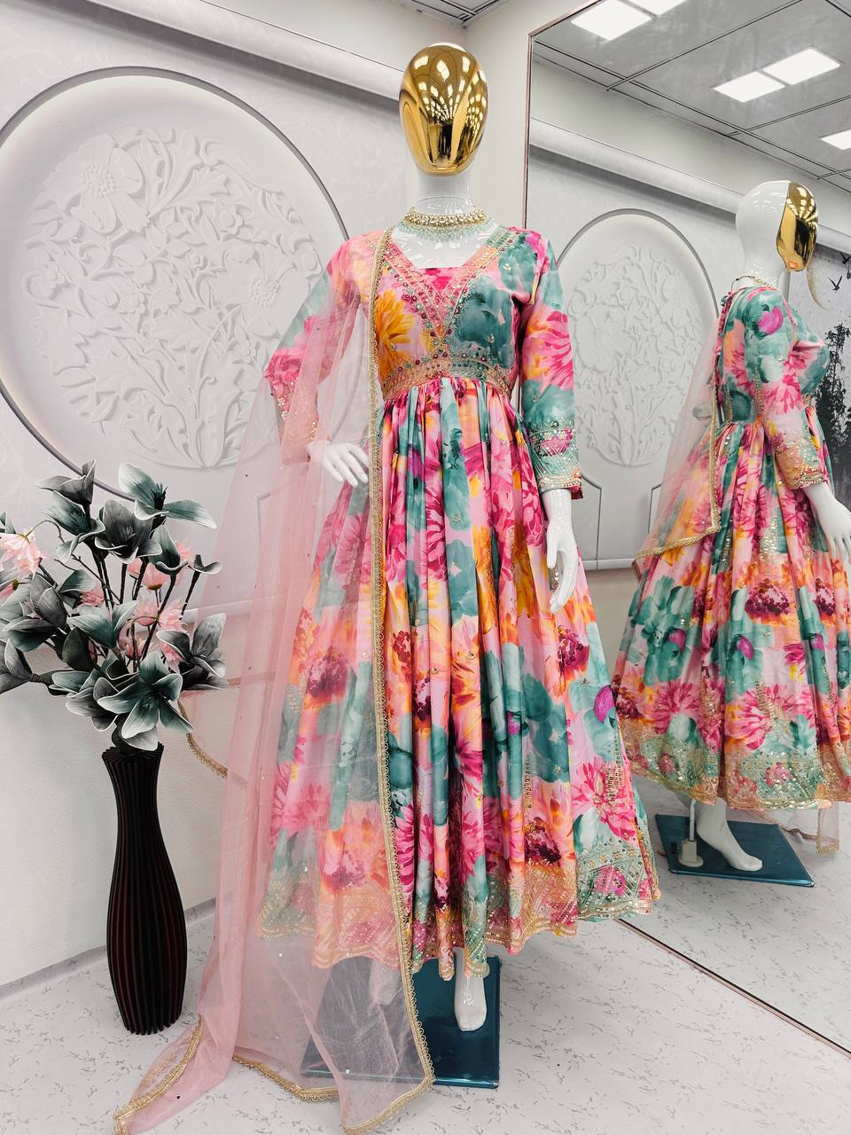 Floral Print Designer Gown in Chinon Silk Fabric