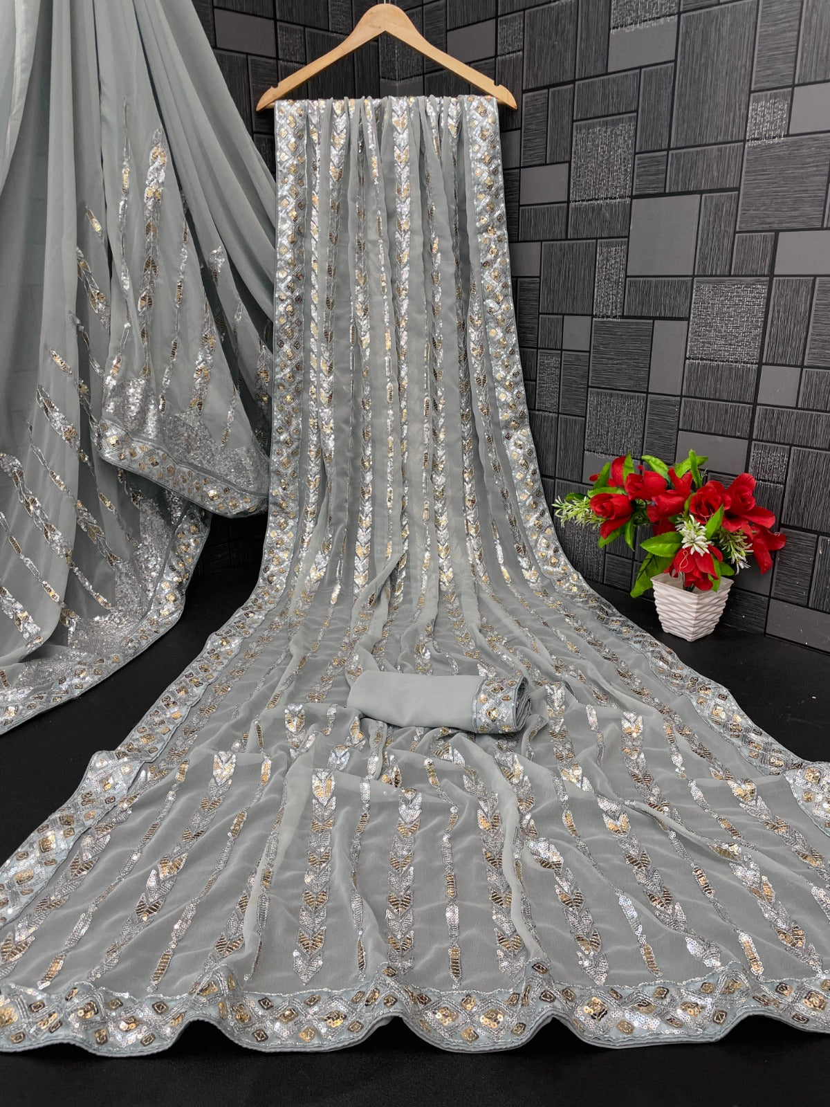 Beautiful Sequence Saree in Grey Color in Georgette Fabric