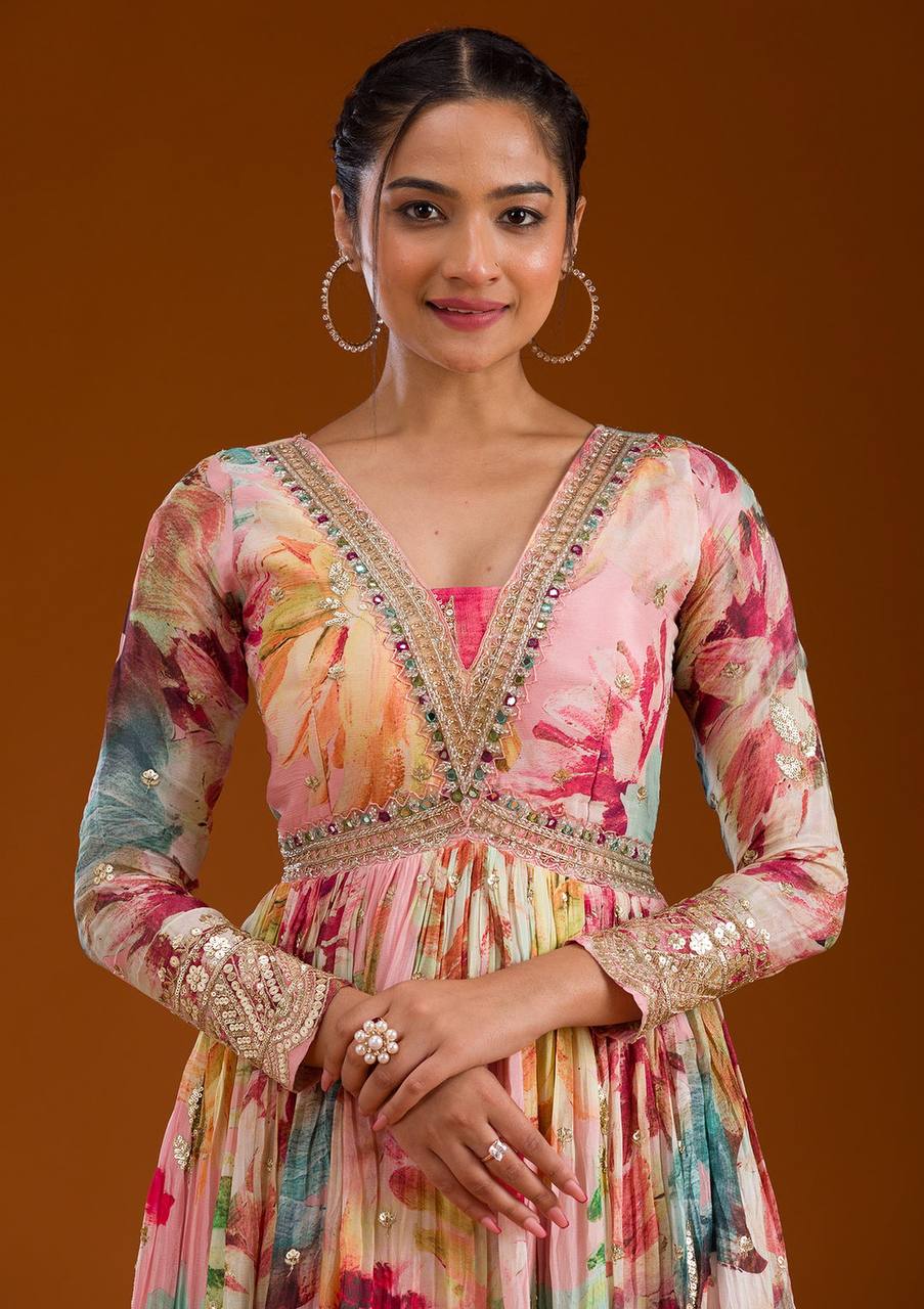 Floral Print Designer Gown in Chinon Silk Fabric