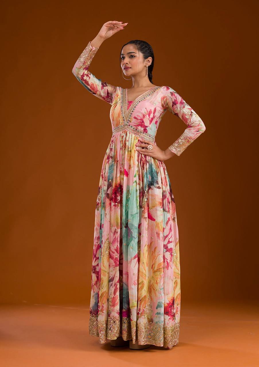 Floral Print Designer Gown in Chinon Silk Fabric