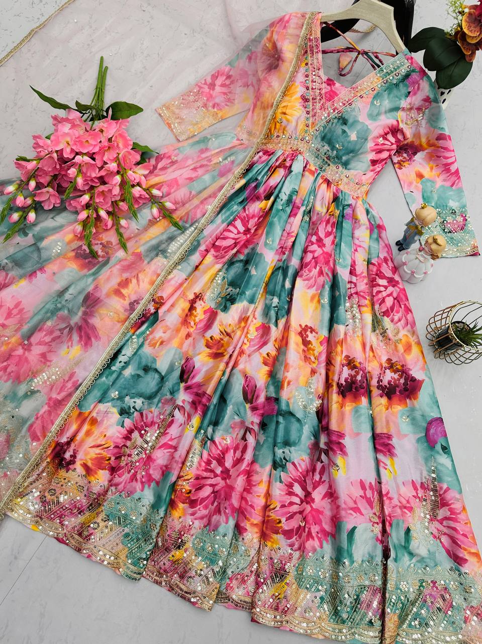 Floral Print Designer Gown in Chinon Silk Fabric