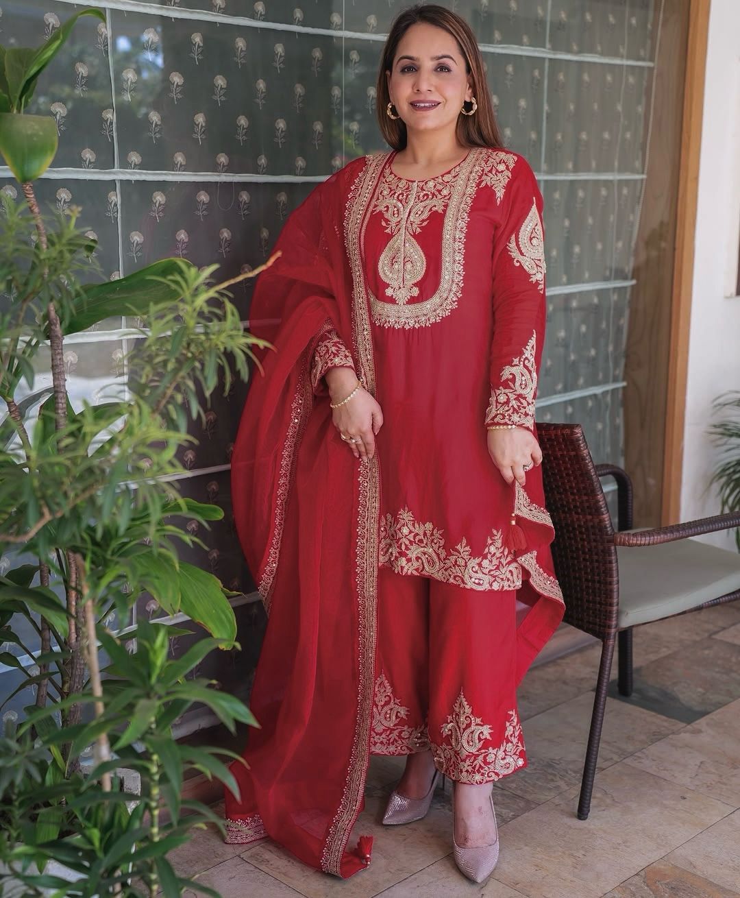 Red color Beautiful Partywear Dress in Chinon SIlk Fabric