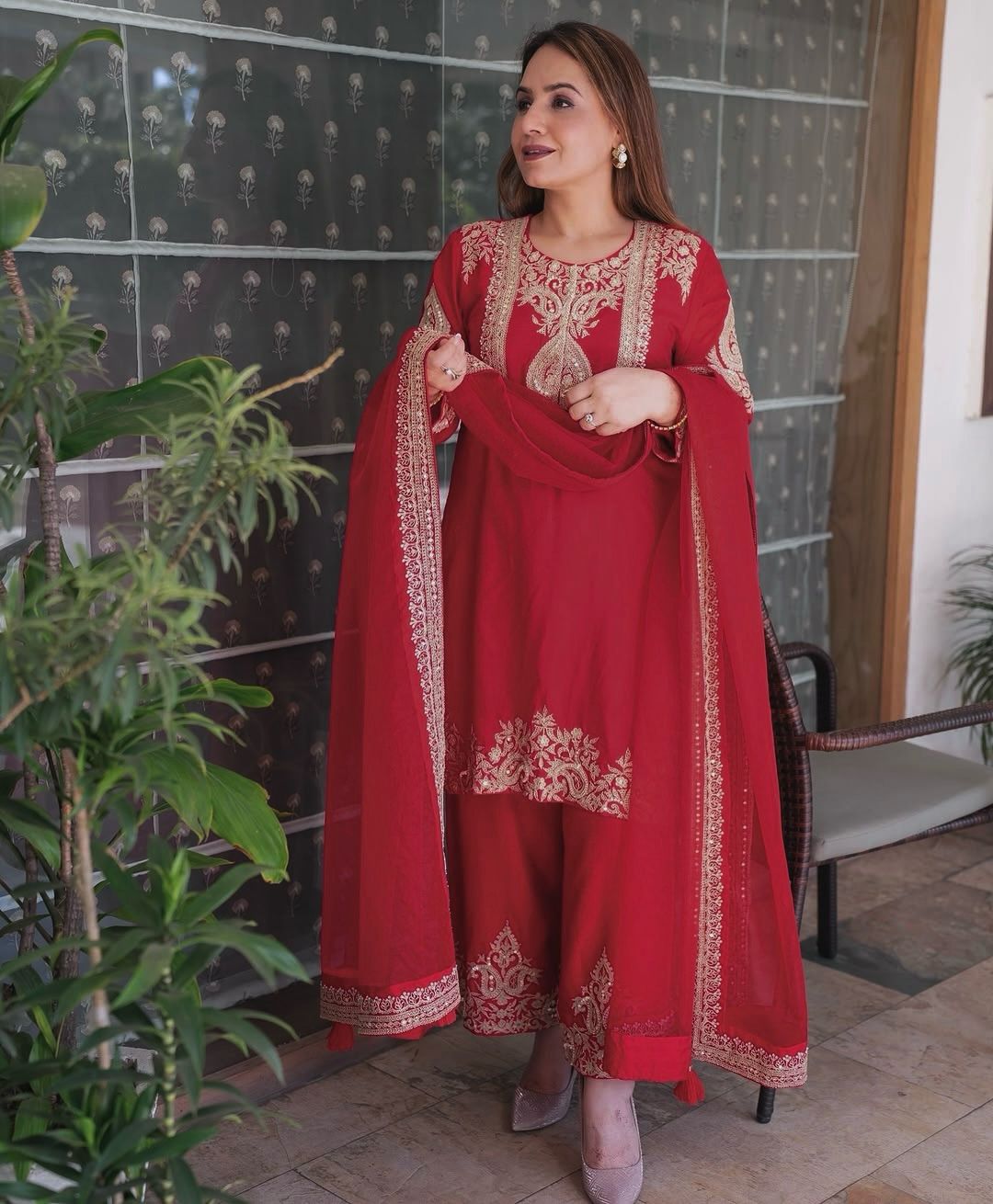 Red color Beautiful Partywear Dress in Chinon SIlk Fabric
