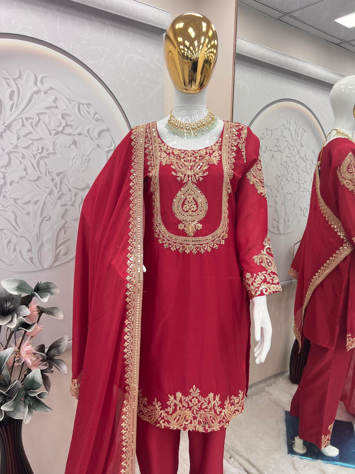 Red color Beautiful Partywear Dress in Chinon SIlk Fabric