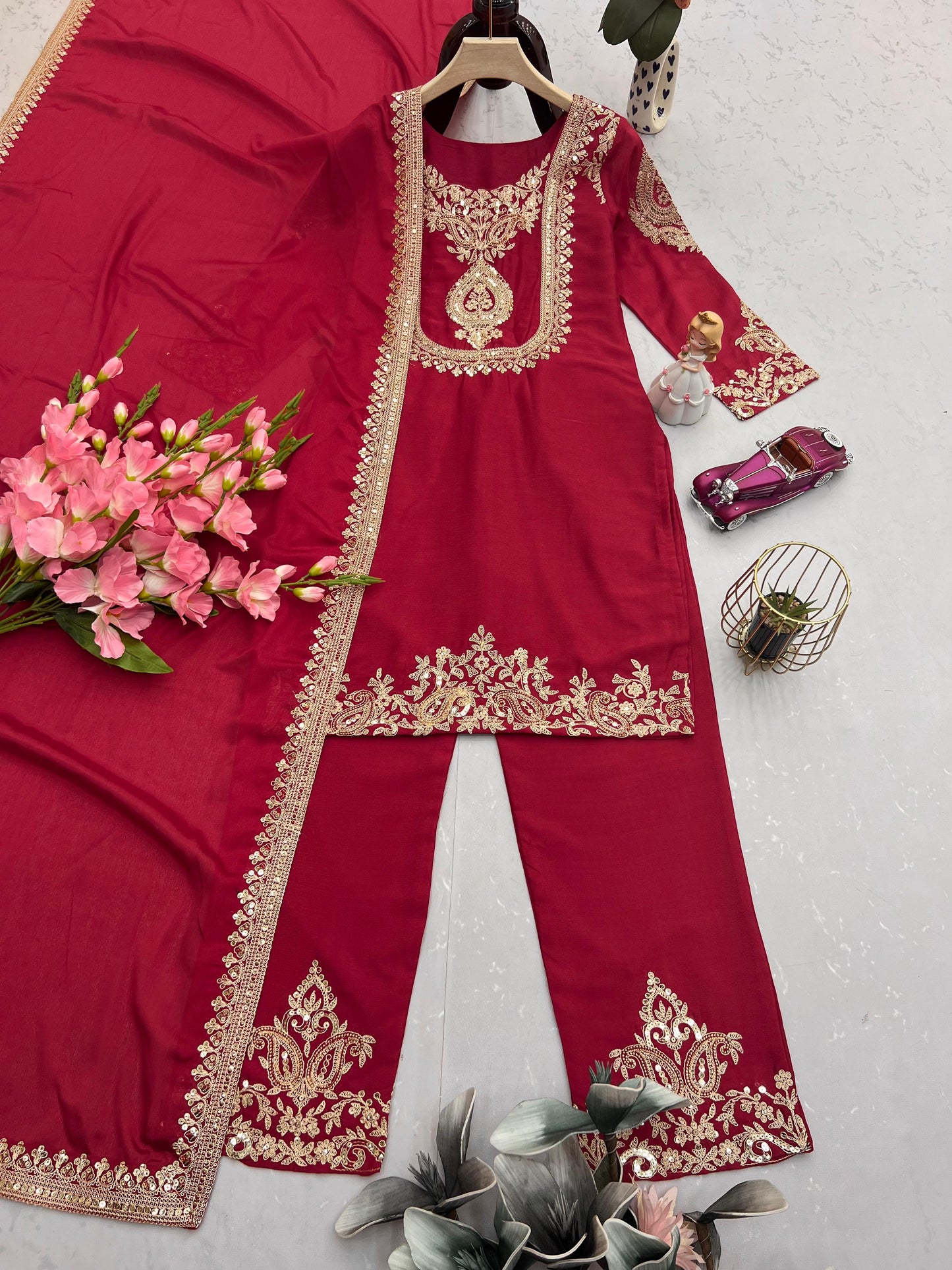 Red color Beautiful Partywear Dress in Chinon SIlk Fabric