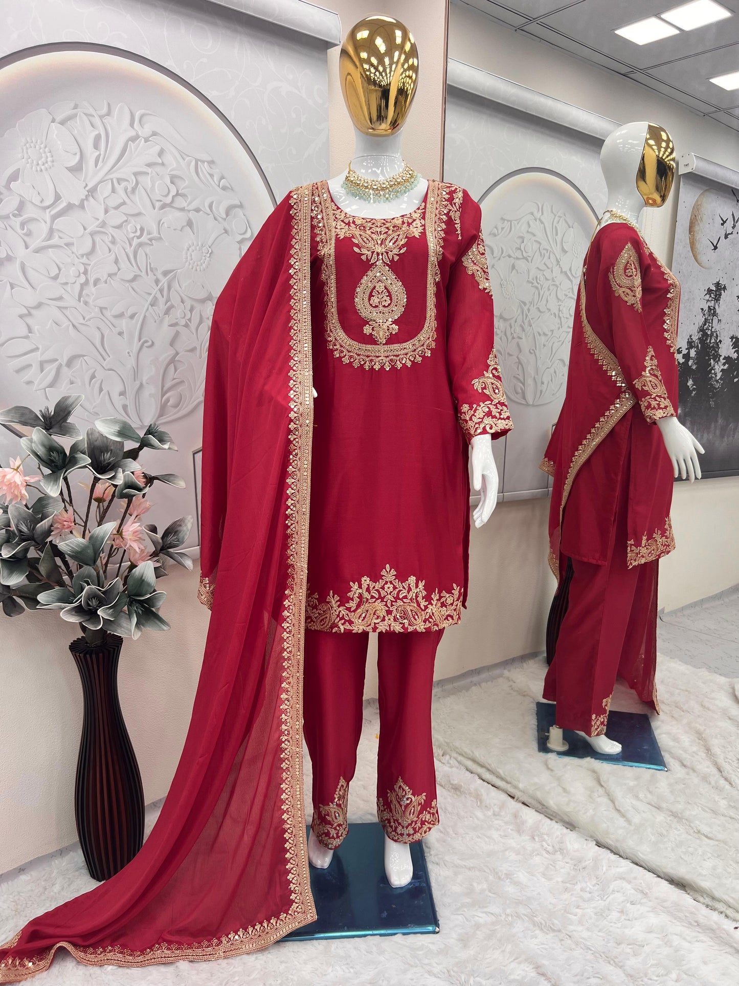 Red color Beautiful Partywear Dress in Chinon SIlk Fabric