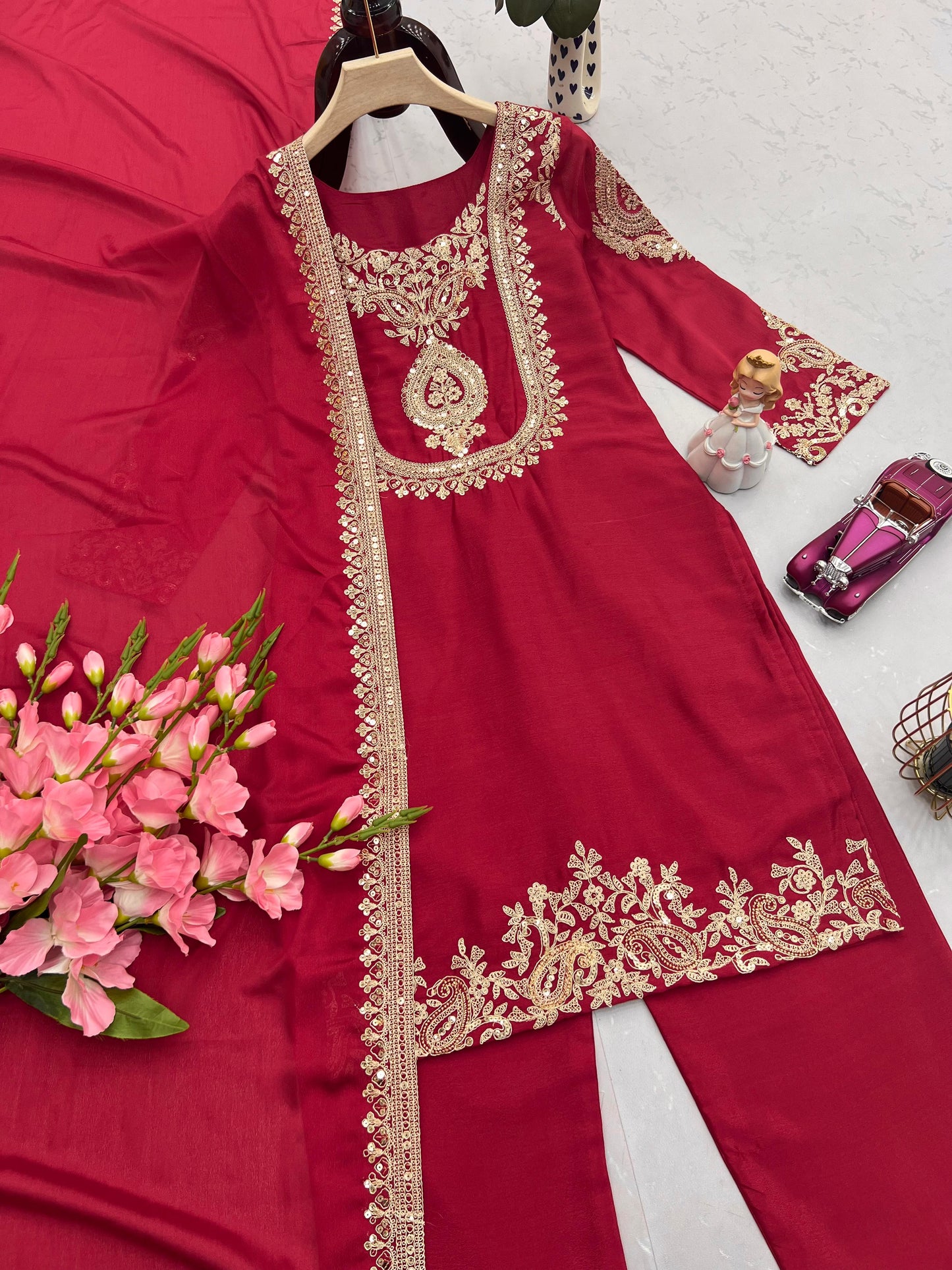Red color Beautiful Partywear Dress in Chinon SIlk Fabric