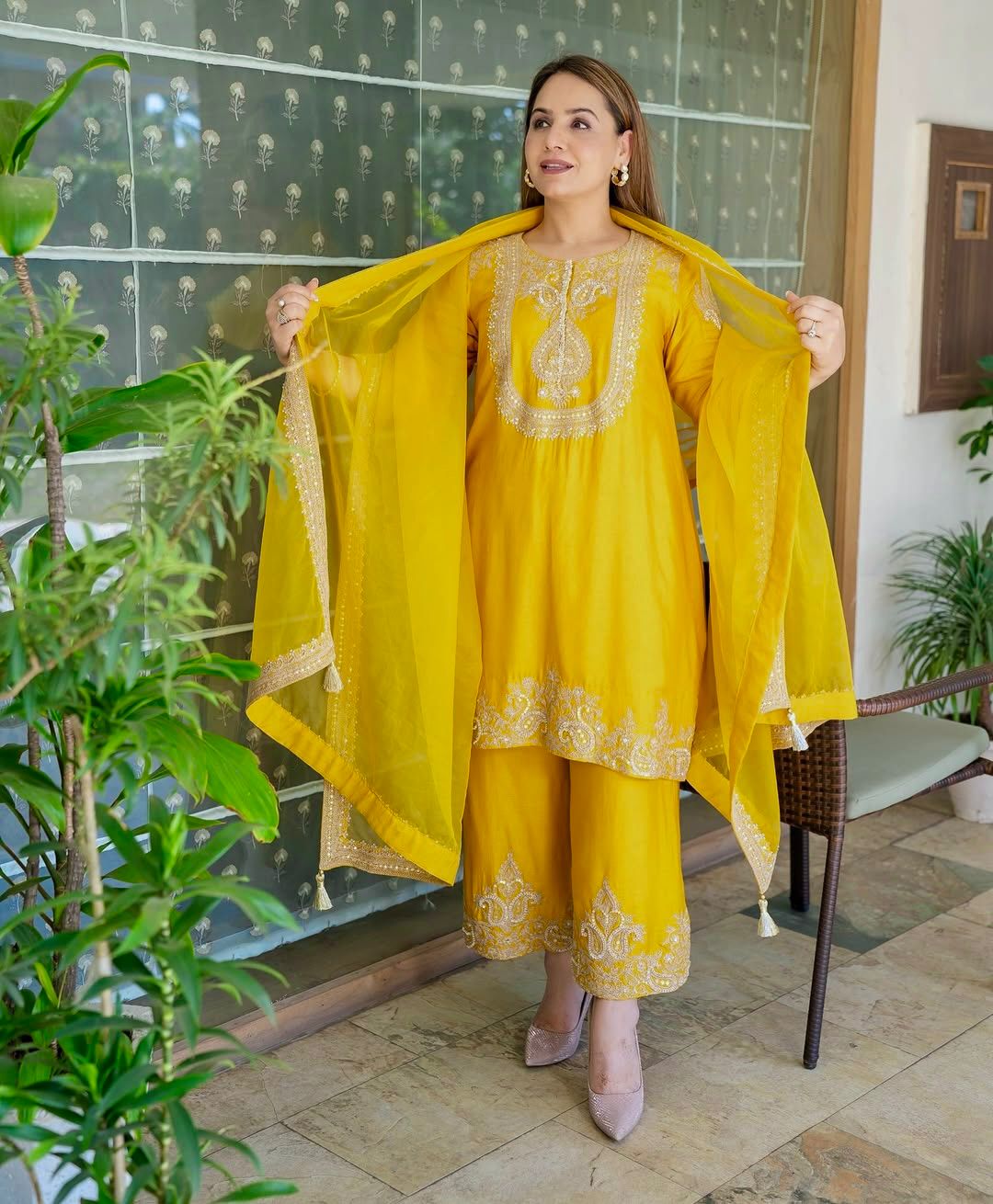 yellow color Beautiful Partywear Dress in Chinon SIlk Fabric