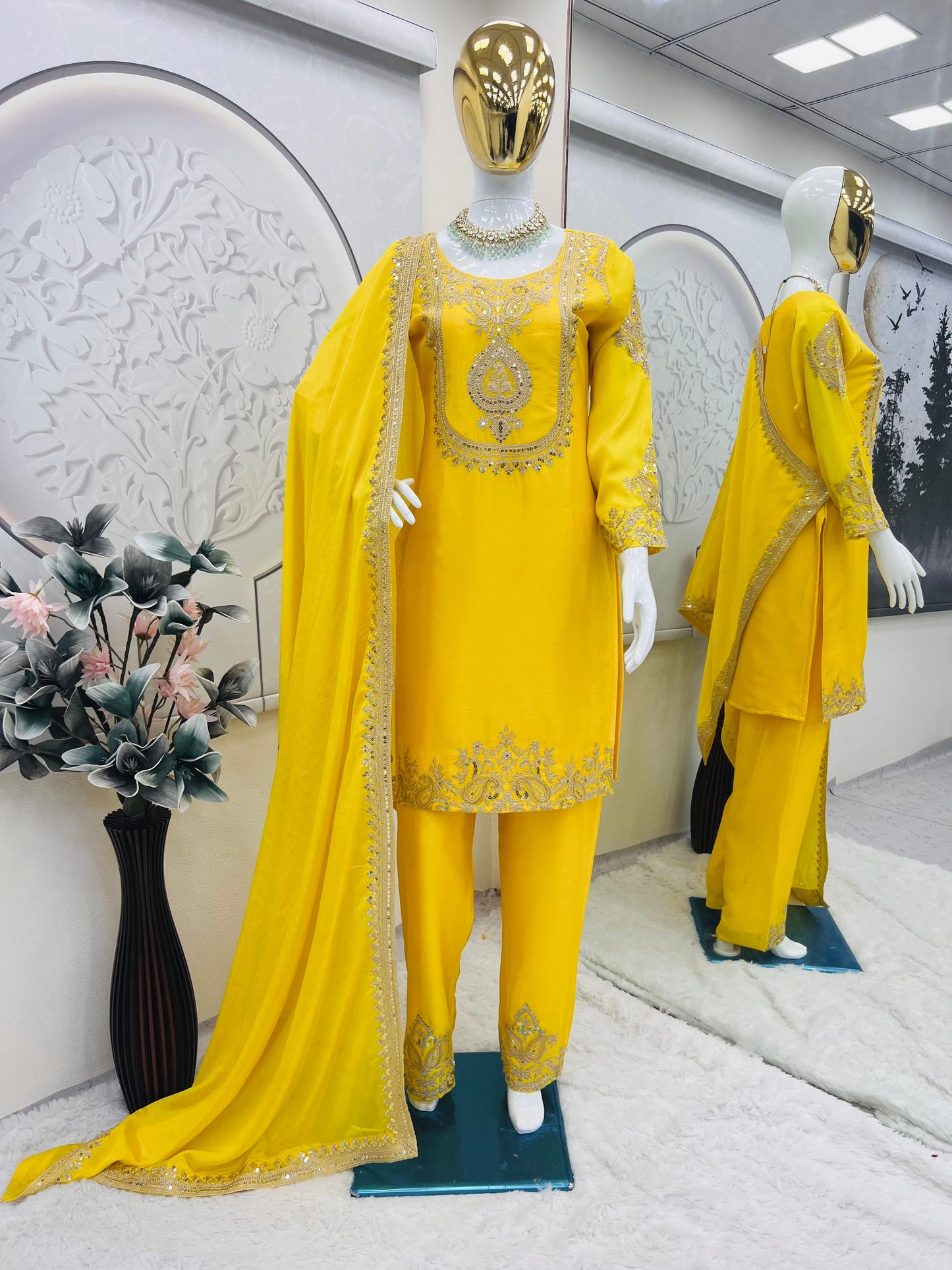 yellow color Beautiful Partywear Dress in Chinon SIlk Fabric