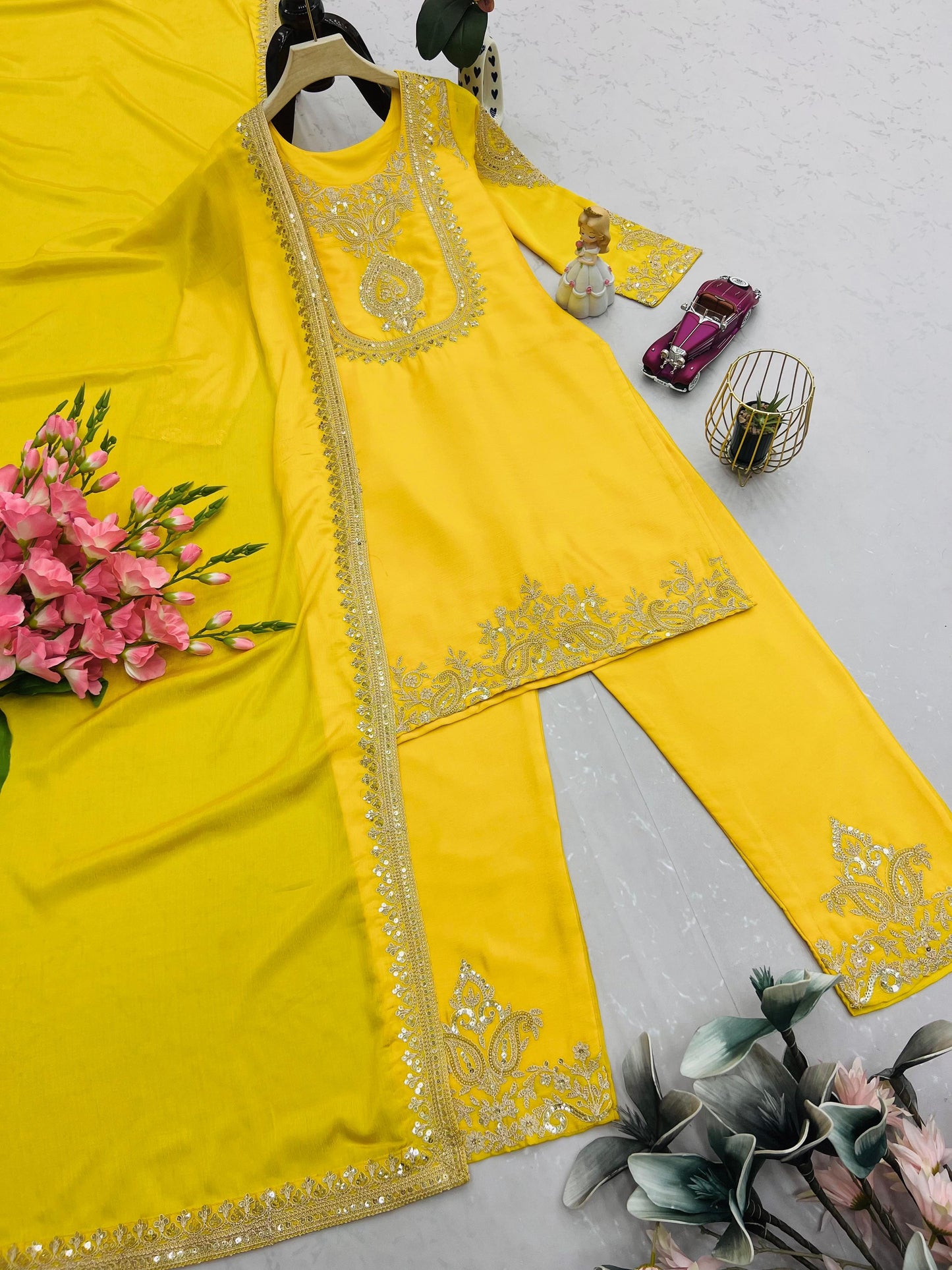 yellow color Beautiful Partywear Dress in Chinon SIlk Fabric