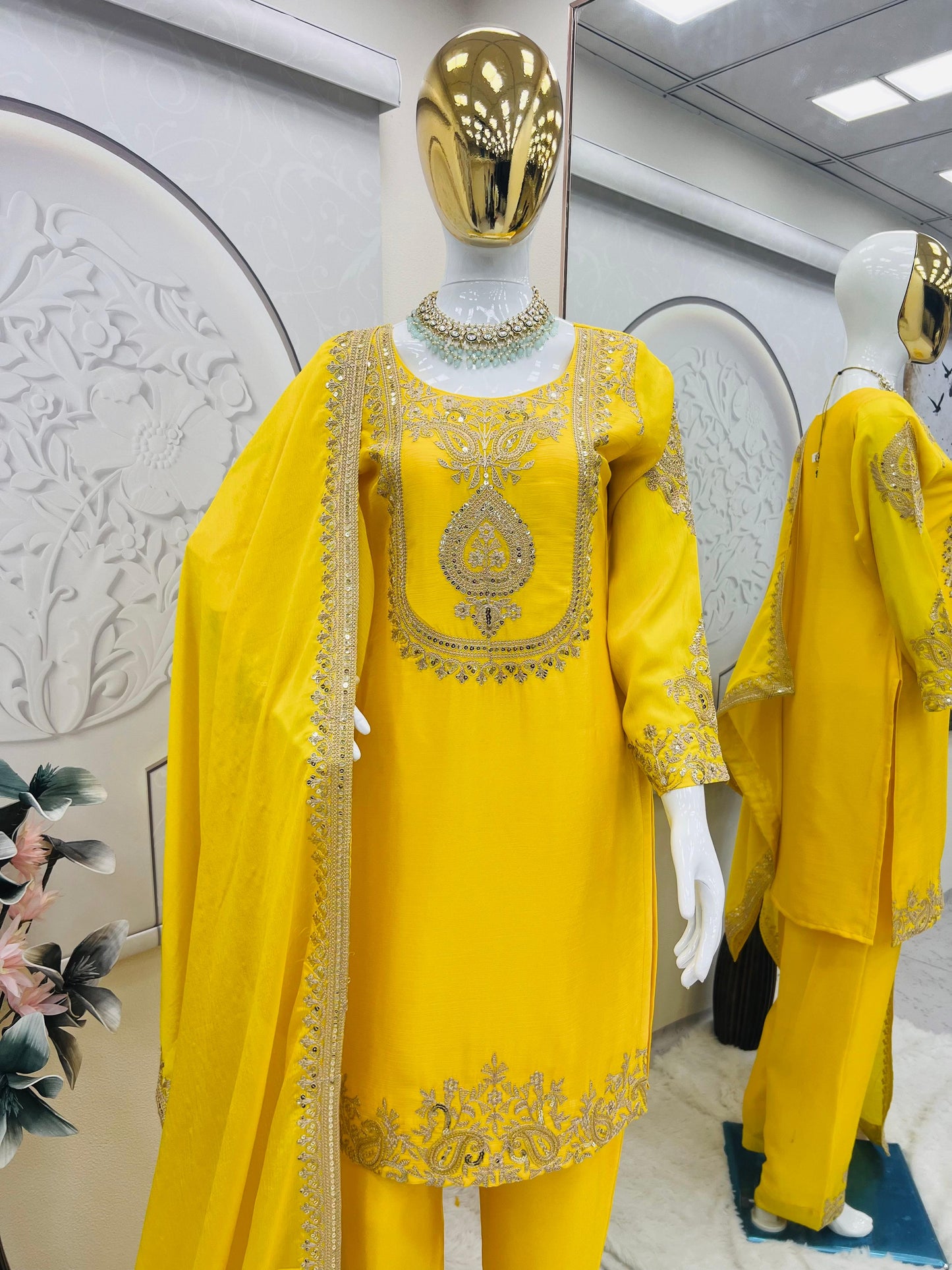 yellow color Beautiful Partywear Dress in Chinon SIlk Fabric