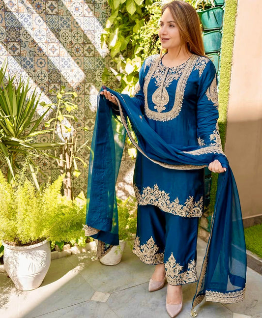 blue color Beautiful Partywear Dress in Chinon SIlk Fabric