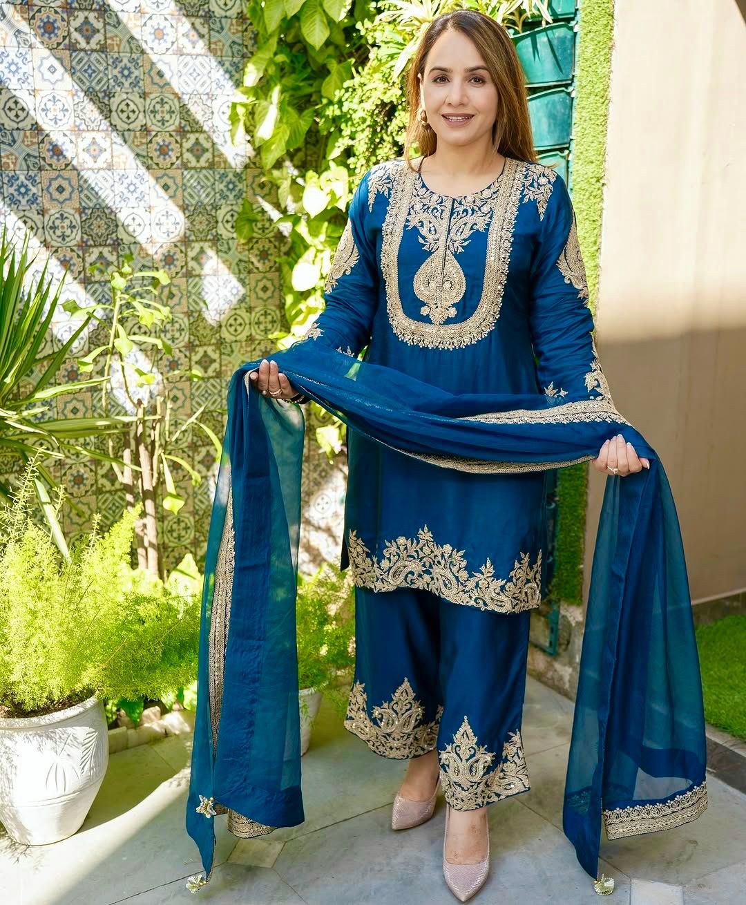blue color Beautiful Partywear Dress in Chinon SIlk Fabric