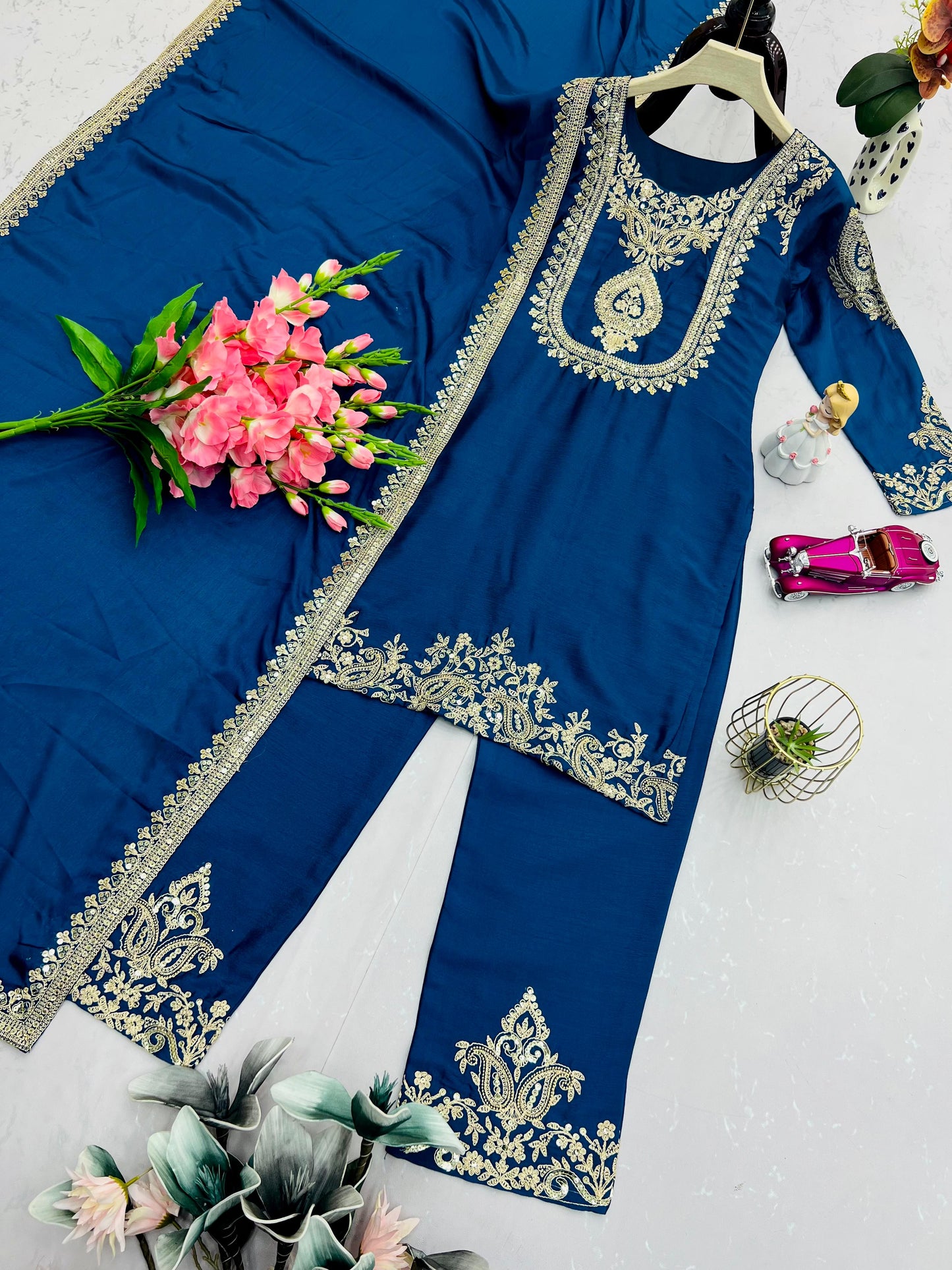 blue color Beautiful Partywear Dress in Chinon SIlk Fabric