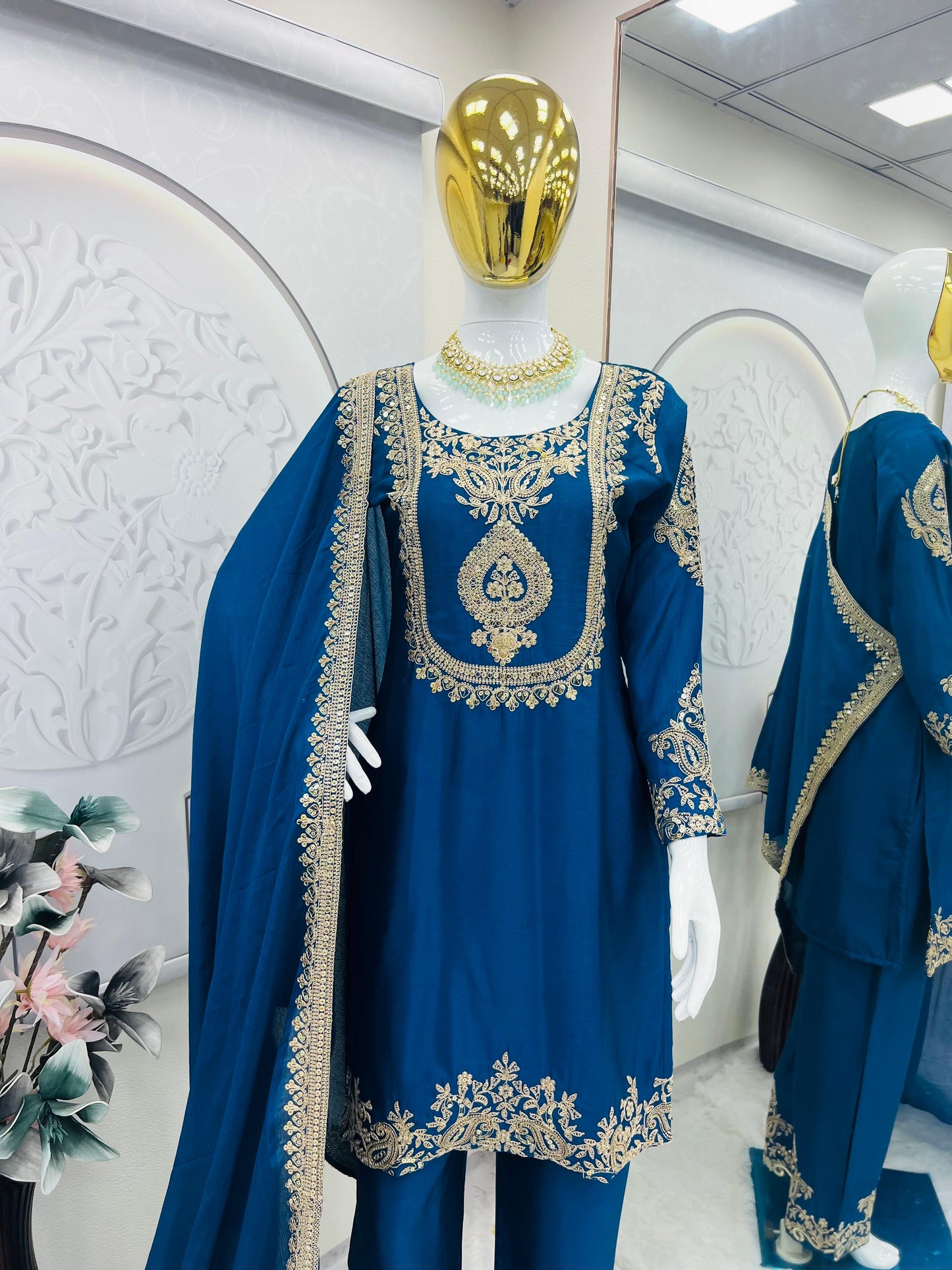 blue color Beautiful Partywear Dress in Chinon SIlk Fabric