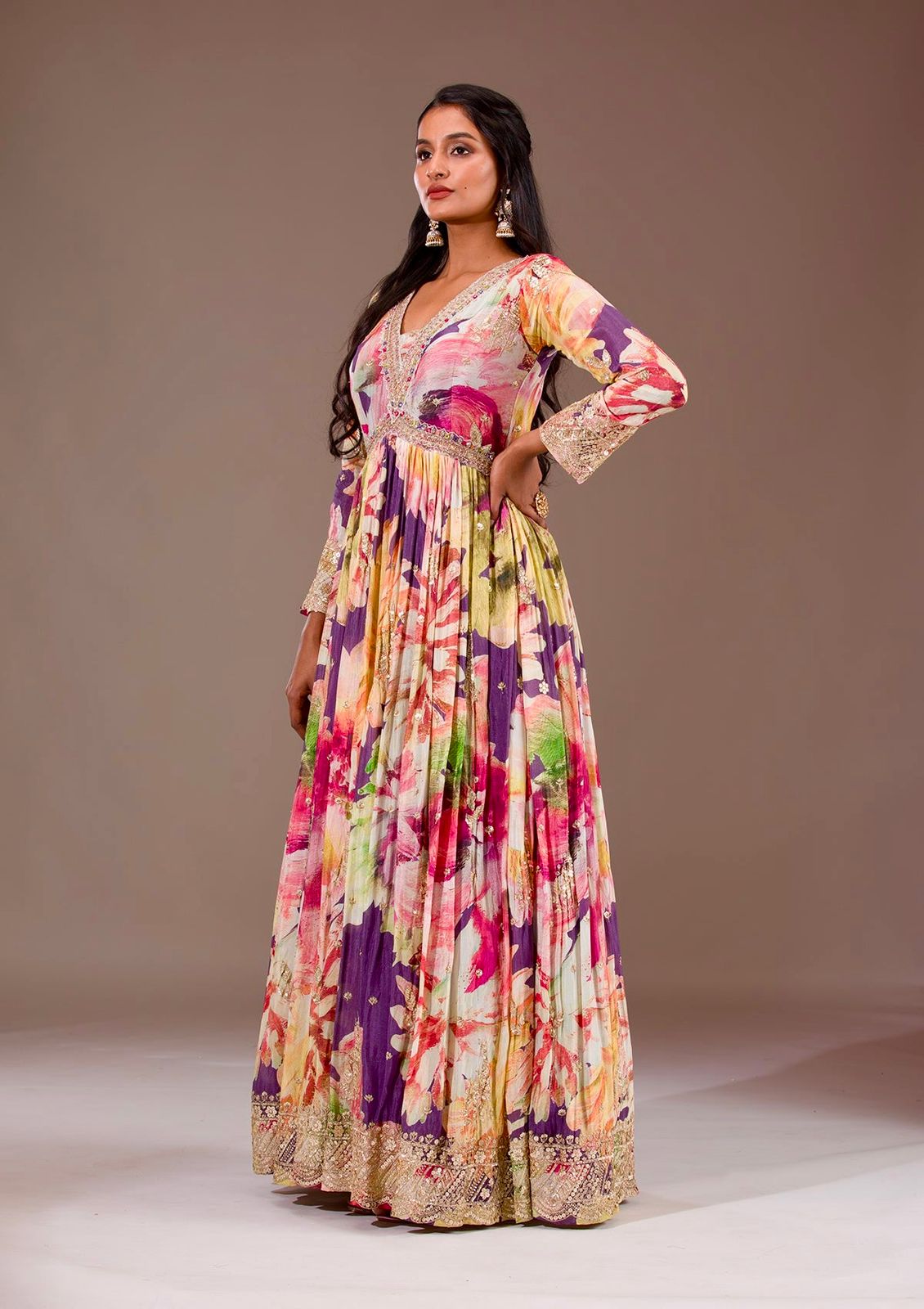 Beautiful Flower Print Anaraki Gown in Chinon Silk Fabric