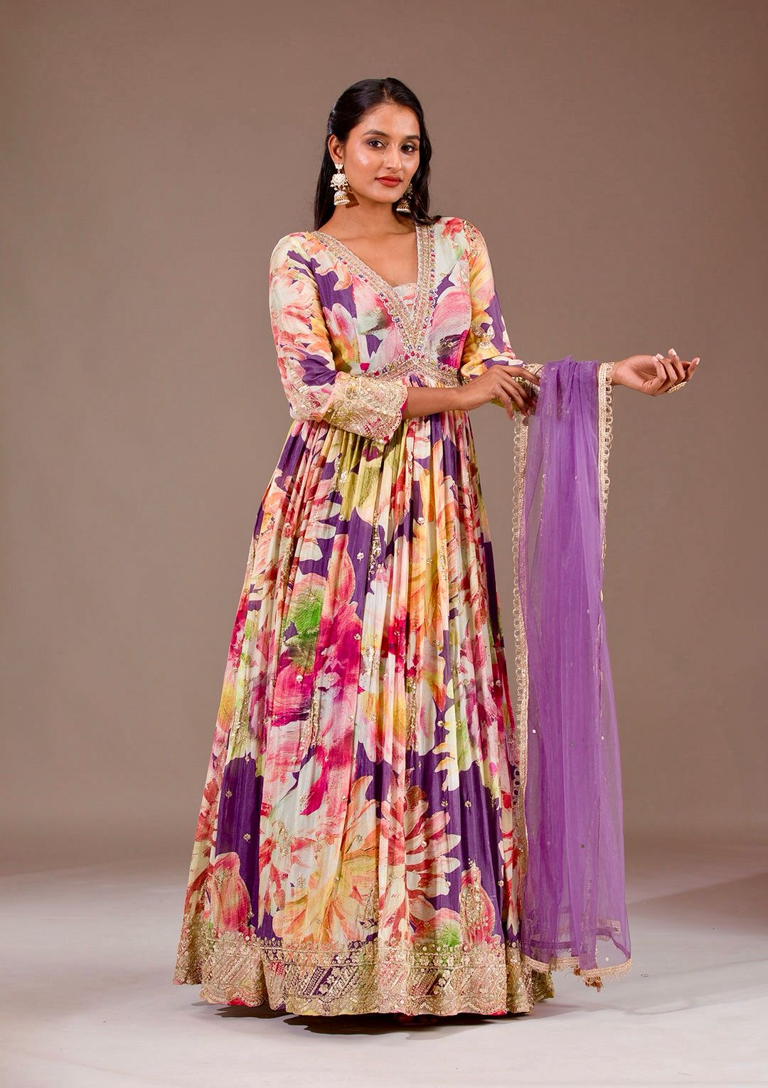 Beautiful Flower Print Anaraki Gown in Chinon Silk Fabric