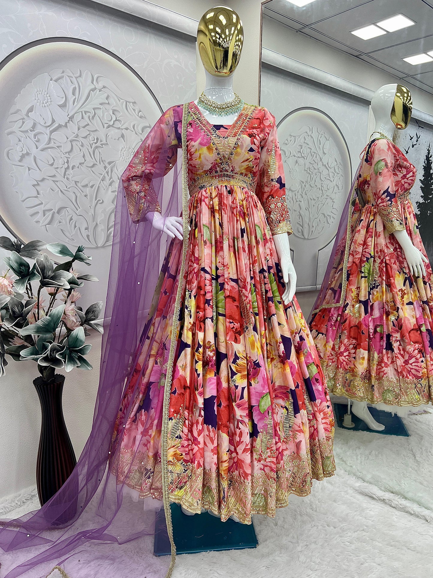 Beautiful Flower Print Anaraki Gown in Chinon Silk Fabric