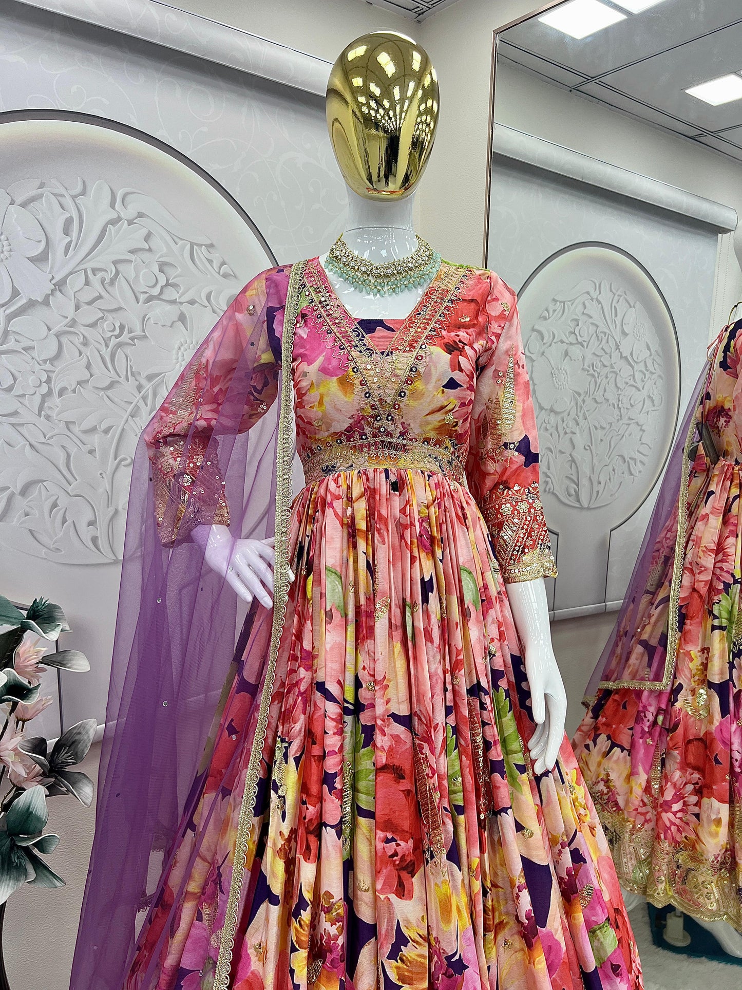 Beautiful Flower Print Anaraki Gown in Chinon Silk Fabric