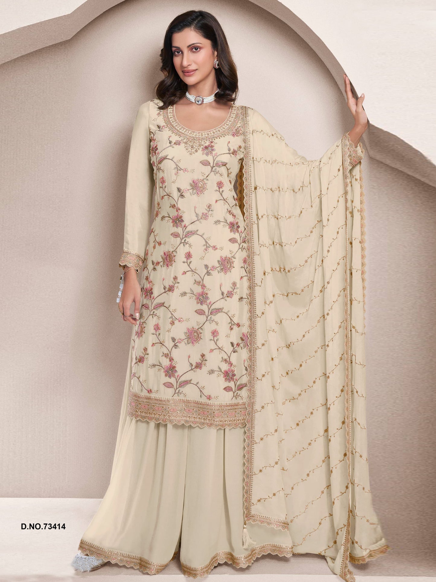 White Cream Color Beautiful Partywear Dress in Chinon Fabric