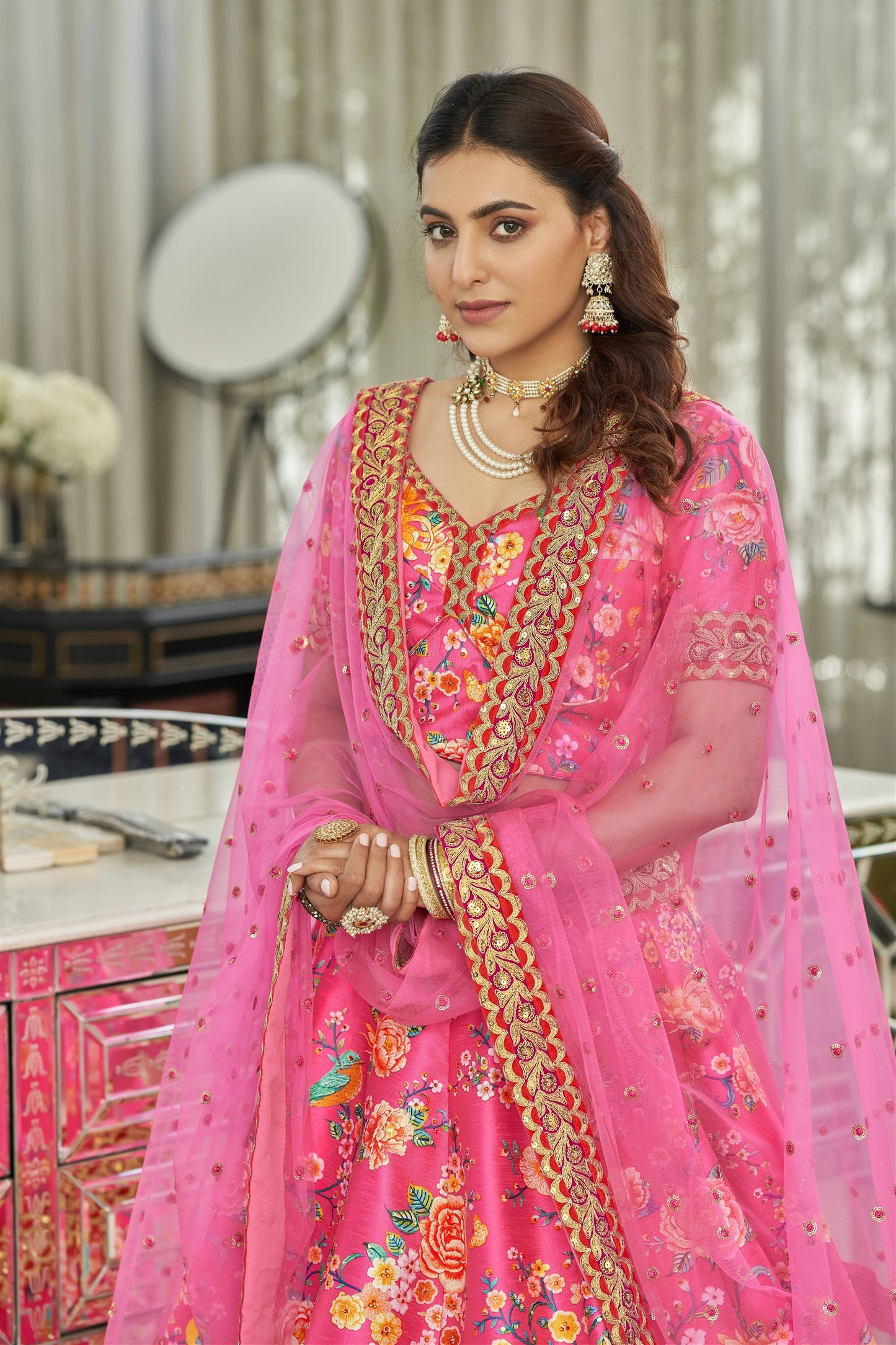 Modern Floral Lehenga Choli For Wedding Function in Pink color