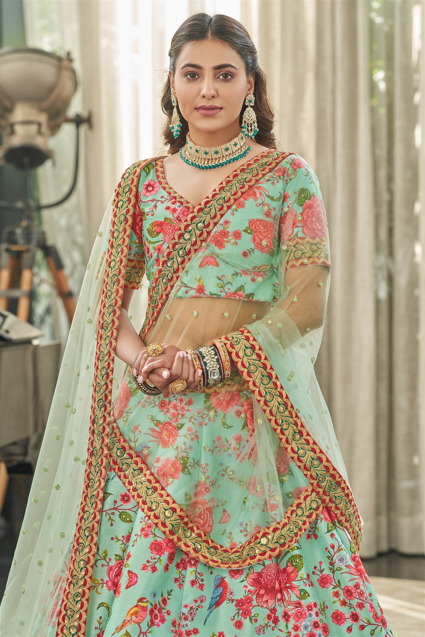 Modern Floral Lehenga Choli For Wedding Function in Sky Green color