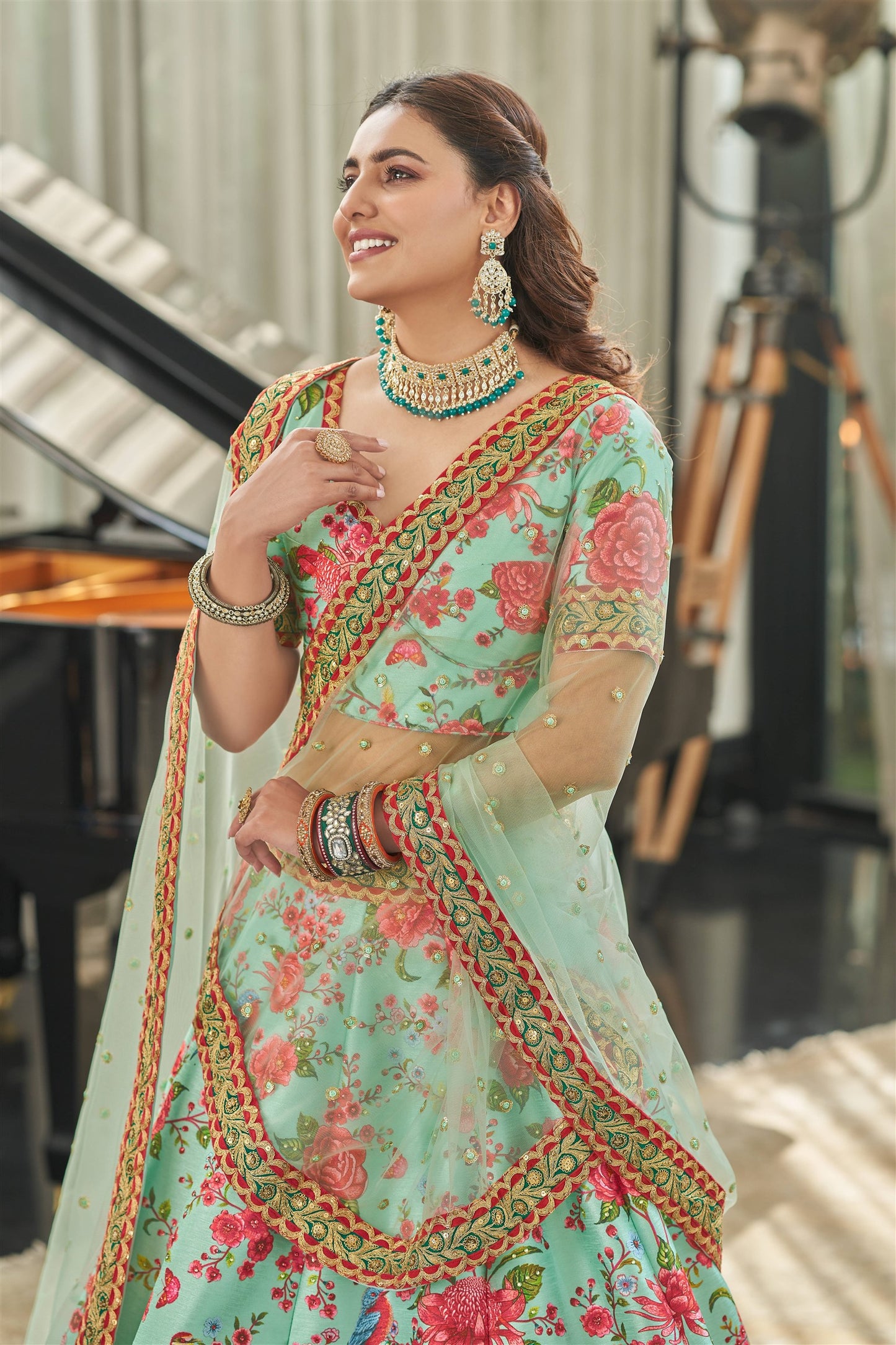 Modern Floral Lehenga Choli For Wedding Function in Sky Green color