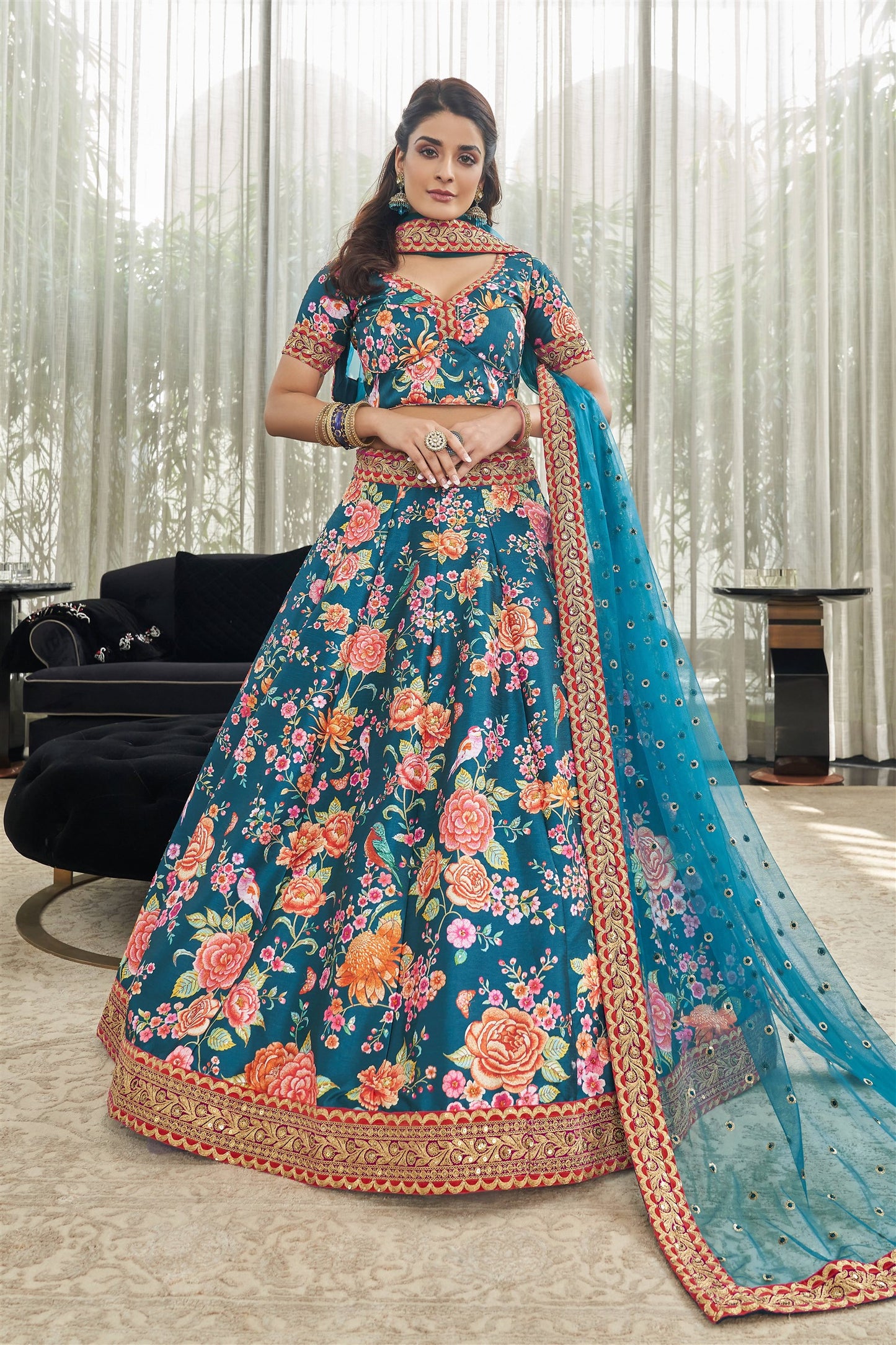 Modern Floral Lehenga Choli For Wedding Function in Blue color