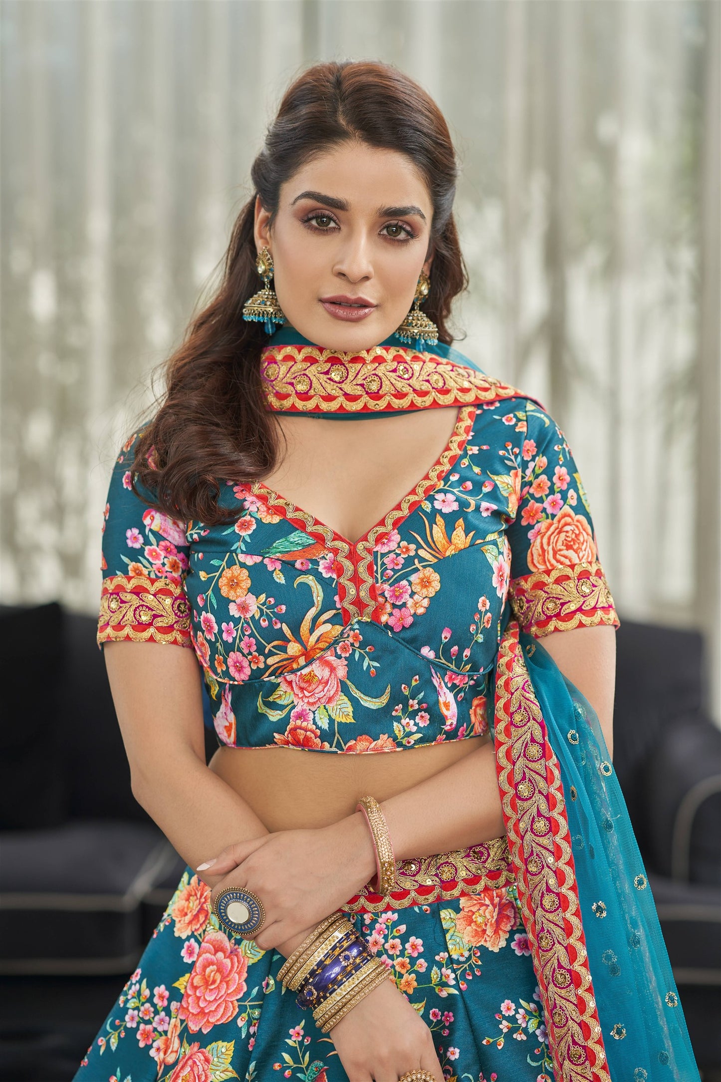 Modern Floral Lehenga Choli For Wedding Function in Blue color