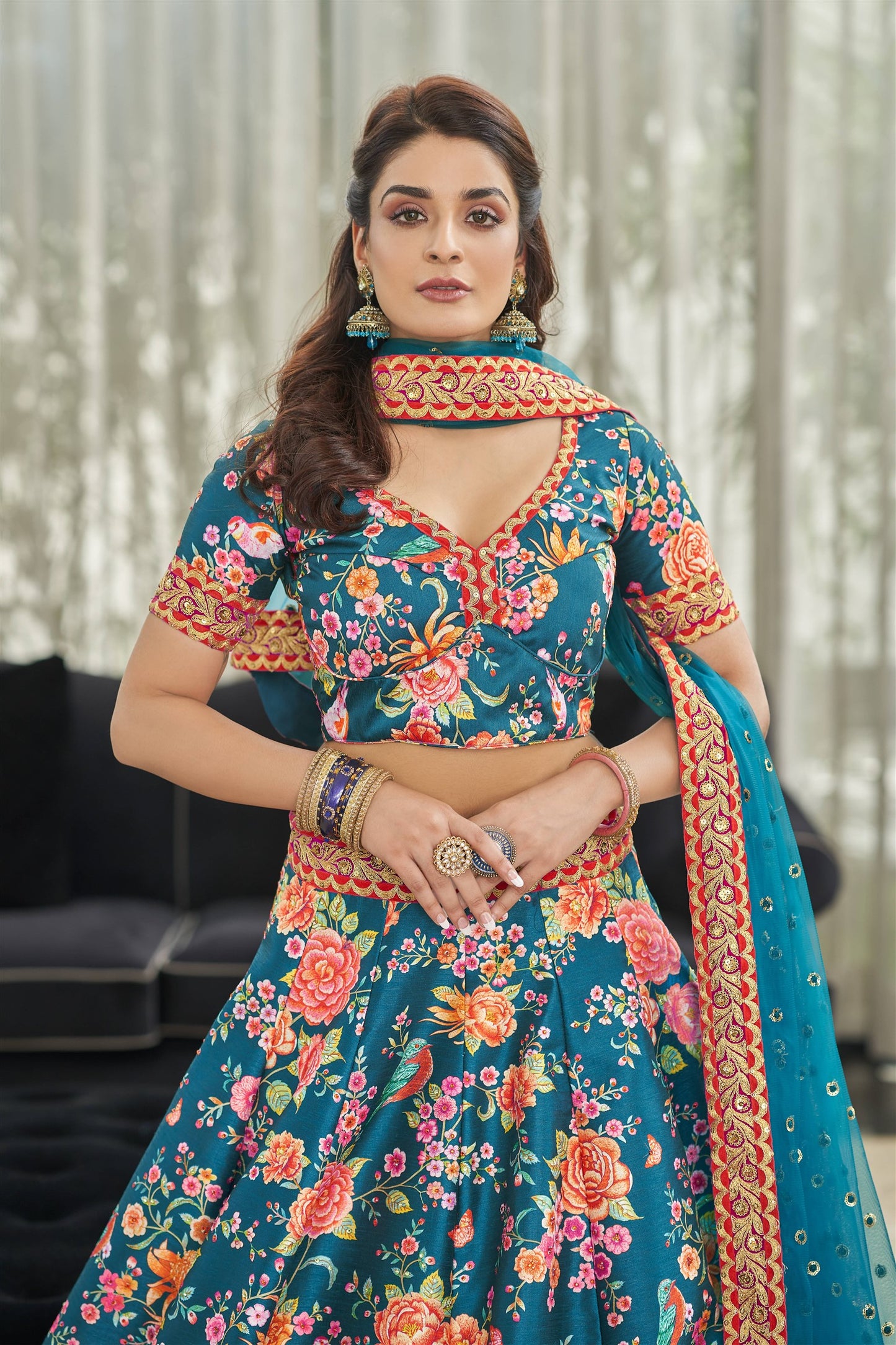 Modern Floral Lehenga Choli For Wedding Function in Blue color