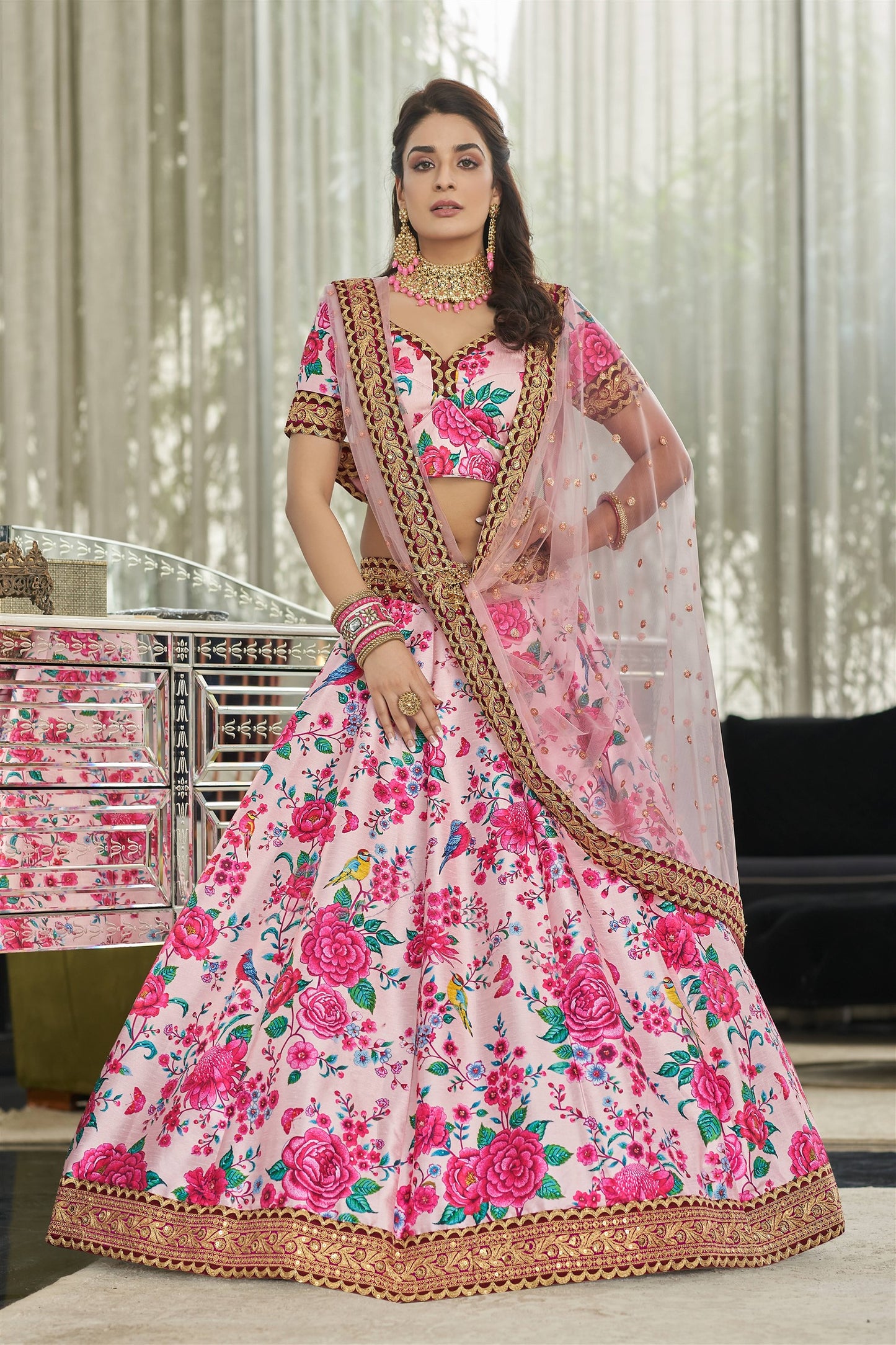 Modern Floral Lehenga Choli For Wedding Function in Lite Pink color