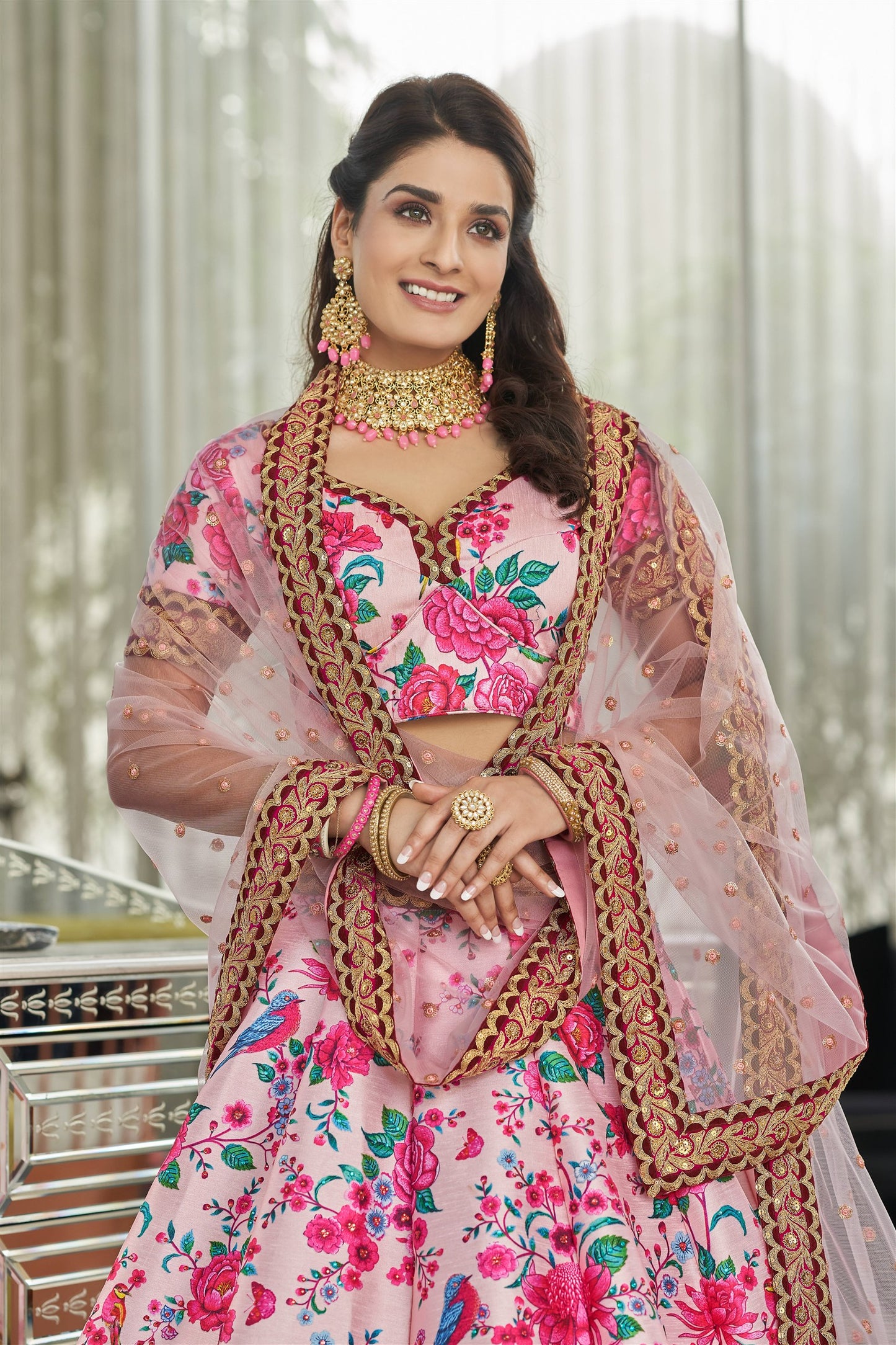 Modern Floral Lehenga Choli For Wedding Function in Lite Pink color