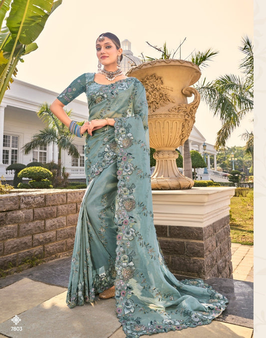 Sea green pure organza saree