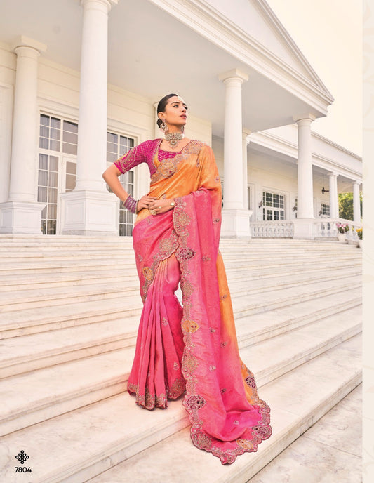Orange To Rani Natural Crape Jaquard Saree