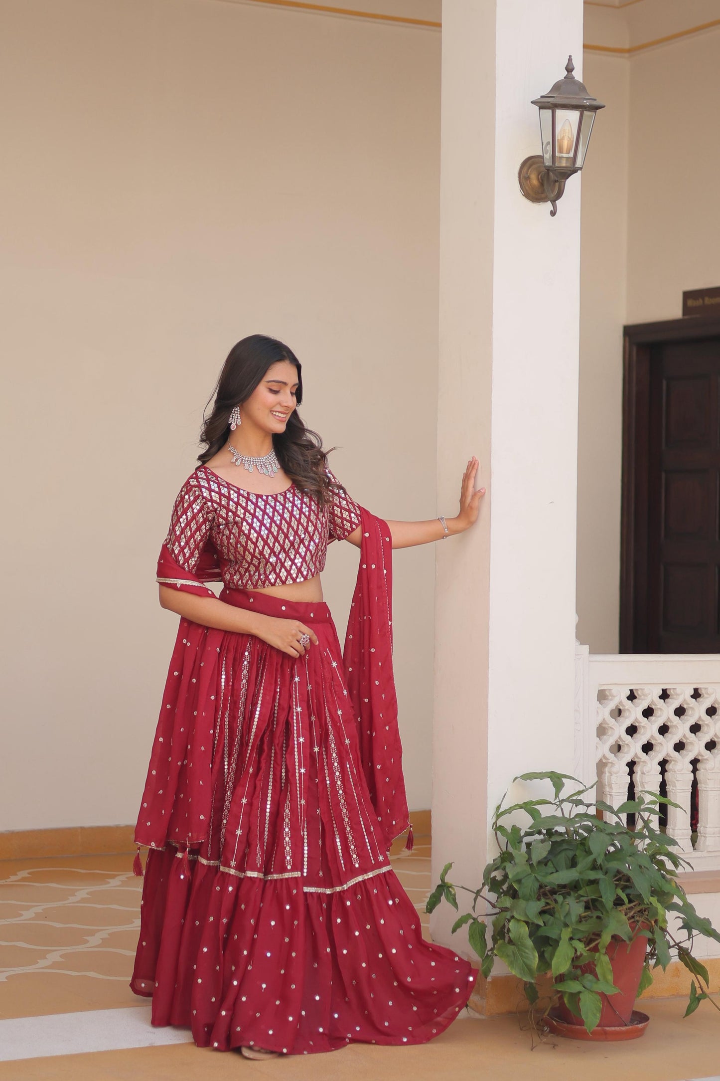 Red Color Beautiful Partywear Lehenga Choli in Geogette Fabric