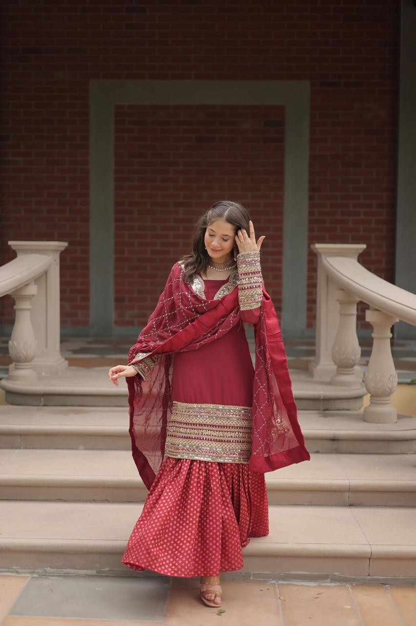 designer readymade top-sharara-dupatta collections in maroon color